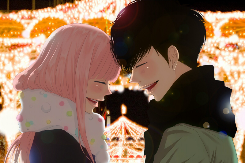 yunomi (yunomi imonuy), megurine luka, just be friends (vocaloid), vocaloid, light, 1boy, 1girl, black hair, blush, closed eyes, couple, cup, dating, enpera, festival, happy, hetero, jacket, laughing, lens flare, lipstick, long hair, makeup, night, pink hair, polka dot, scarf, short hair, smile, yunomi