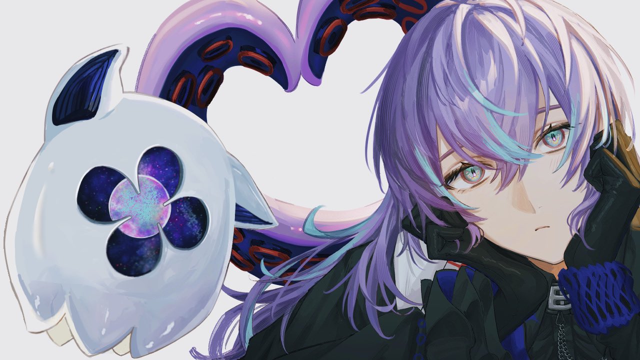 hoshirube sho, hoshirube sho (1st costume), otomo (hoshirube sho), nijisanji, hashtag-only commentary, 1boy, aqua eyes, bishounen, black gloves, closed mouth, gloves, lety (letyq10), long hair, long sleeves, looking at viewer, male focus, multicolored hair, purple hair, solo, streaked hair, tentacle hair, tentacle heart, upper body, virtual youtuber