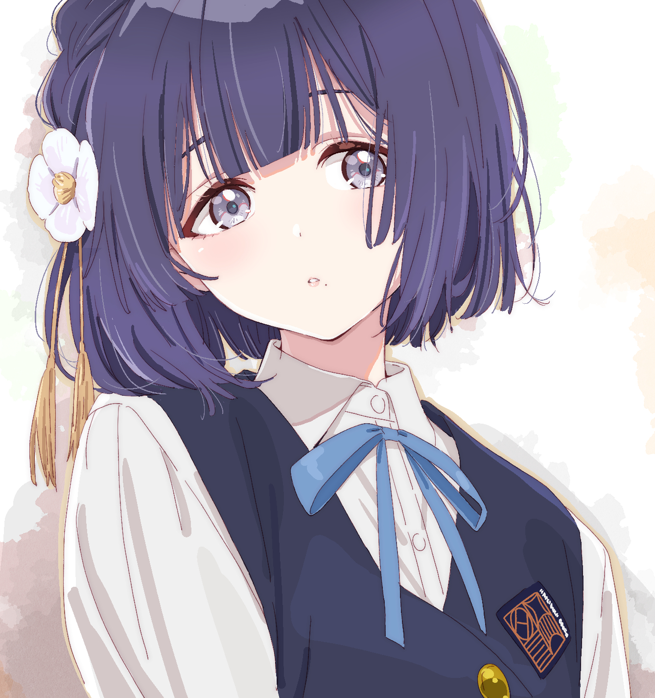 yamaguchi satoshi, hataya misuzu, gakuen idolmaster, idolmaster, commentary, highres, 1girl, blue ribbon, blue vest, blunt bangs, collared shirt, dot nose, flower, grey eyes, hair flower, hair ornament, hatsuboshi gakuen school uniform, light blush, looking at viewer, mole, mole under mouth, neck ribbon, parted lips, purple hair, ribbon, school uniform, shirt, solo, tassel, tassel hair ornament, upper body, vest, white flower, white shirt