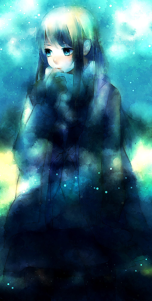 yoko (shiocolor), original, bad id, bad pixiv id, blue eyes, blush, green hair, long hair, scarf, solo