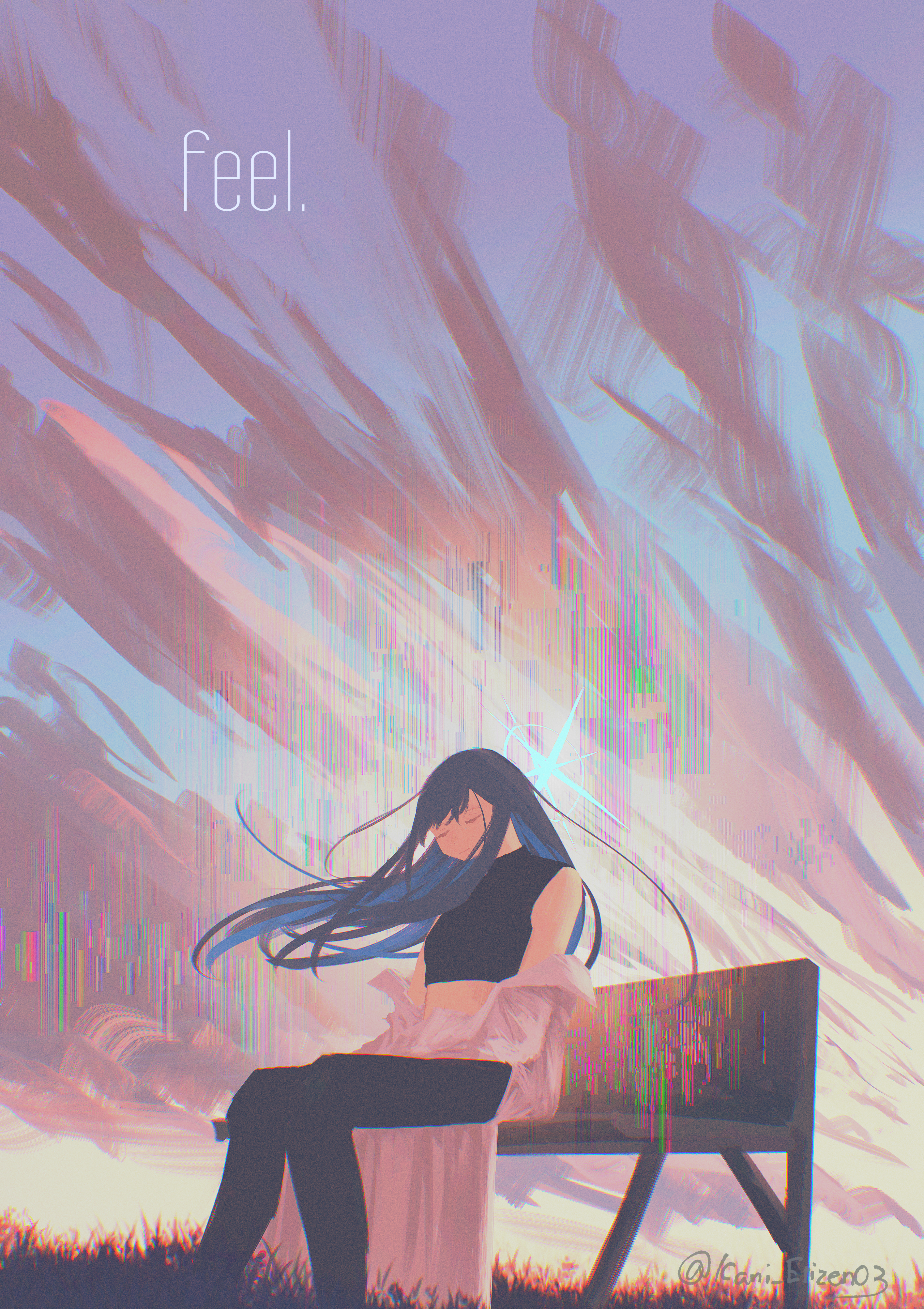 kani etizen03, saori (blue archive), blue archive, absurdres, commentary, highres, 1girl, bench, black pants, black shirt, blue hair, blue halo, blue sky, closed eyes, cloud, cloudy sky, coat, coat partially removed, crop top, dawn, dusk, english text, glitch, grass, halo, long hair, on bench, pants, purple sky, shirt, sitting, sky, sleeveless, sleeveless shirt, solo, twitter username, white coat, yellow sky