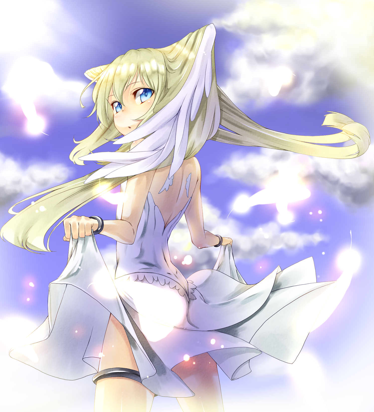 kazuma (kazumav), original, highres, blonde hair, blue eyes, clothes lift, cloud, day, dress, dress lift, feathers, head wings, long hair, looking back, sky, solo, twintails, wing ears, wings