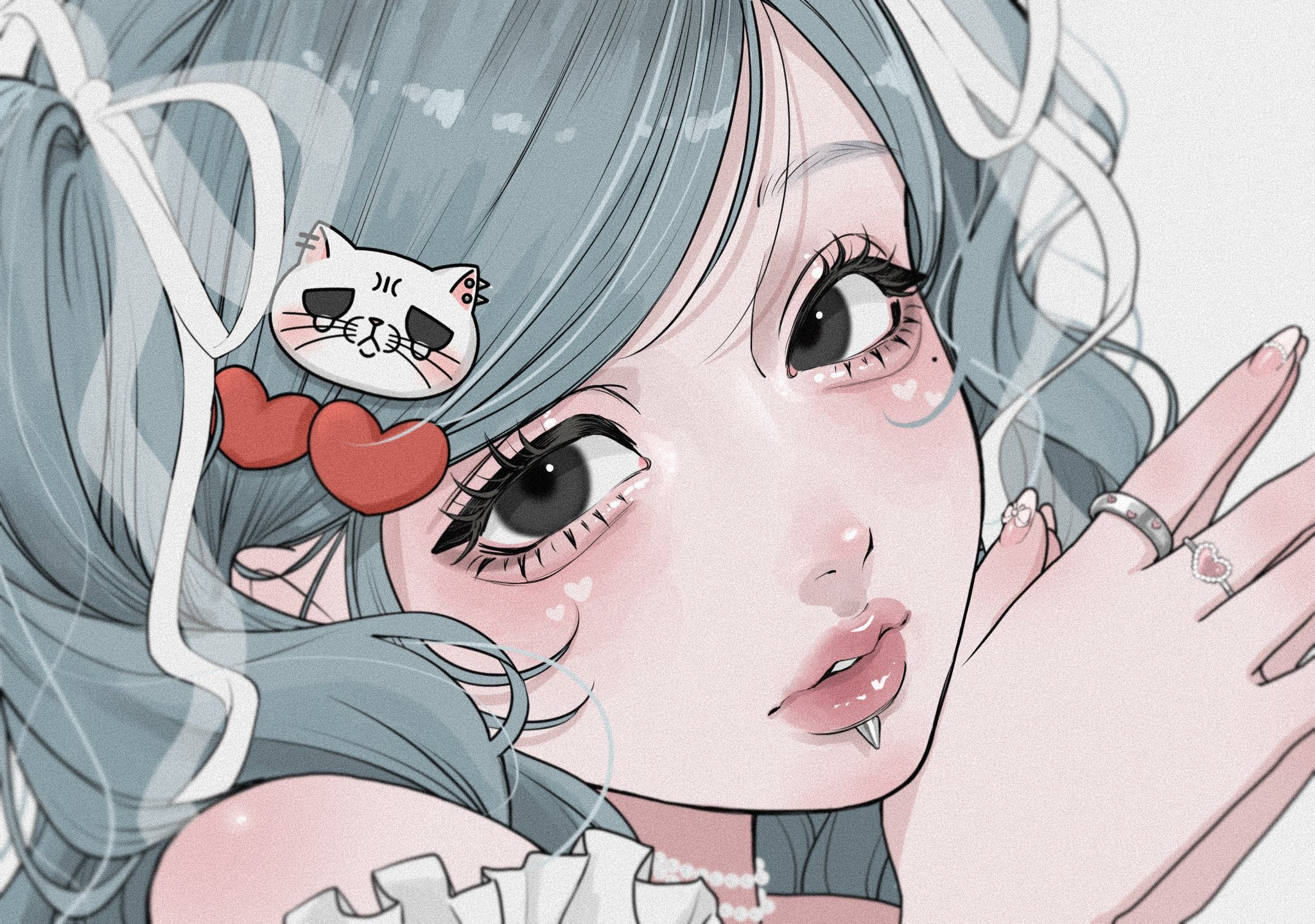 tamori (tamori www), original, heart ring, highres, 1girl, aegyo sal, aqua hair, black eyes, blurry, cat hair ornament, close-up, depth of field, eyelashes, face piercing, facial mark, film grain, frills, grey background, hair ornament, hair ribbon, heart, heart facial mark, heart hair ornament, jewelry, labret piercing, lipgloss, looking at viewer, mole, mole under eye, multicolored nails, multiple rings, nail ornament, parted lips, pearl choker, piercing, ribbon, ring, swept bangs, teeth, thick lips, twintails, two-tone nails, wavy hair, white ribbon
