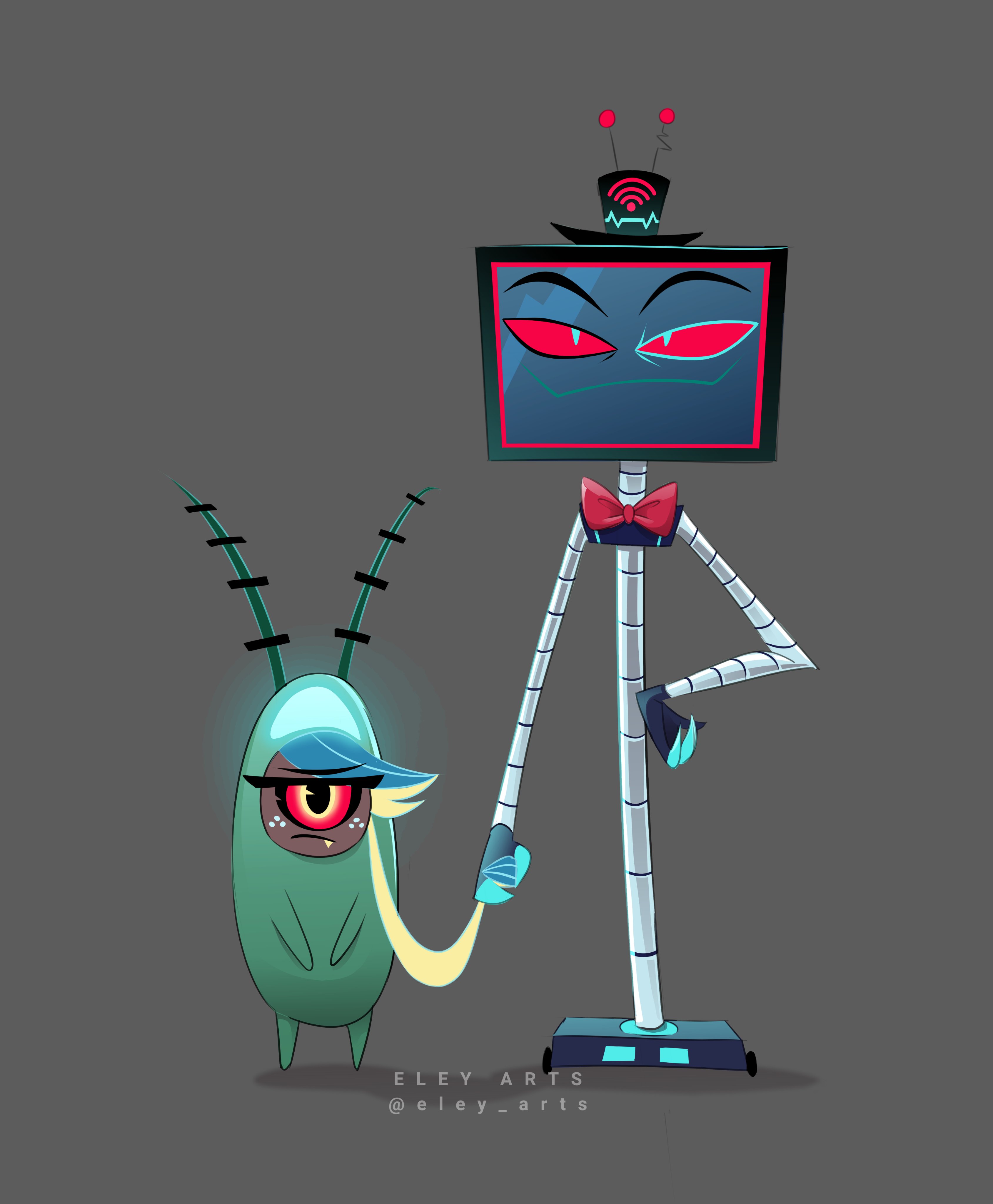 karen (spongebob), plankton (spongebob), vox (hazbin hotel), hazbin hotel, hellaverse, original, spongebob squarepants (series), absurdres, highres, 1girl, artist name, black eyes, black hat, bow, bowtie, colored sclera, cosplay, dark-skinned female, dark skin, eley arts, fang, grey background, hat, karen (spongebob) (cosplay), looking at viewer, plankton (spongebob) (cosplay), red bow, red bowtie, red sclera, simple background, smile, watermark