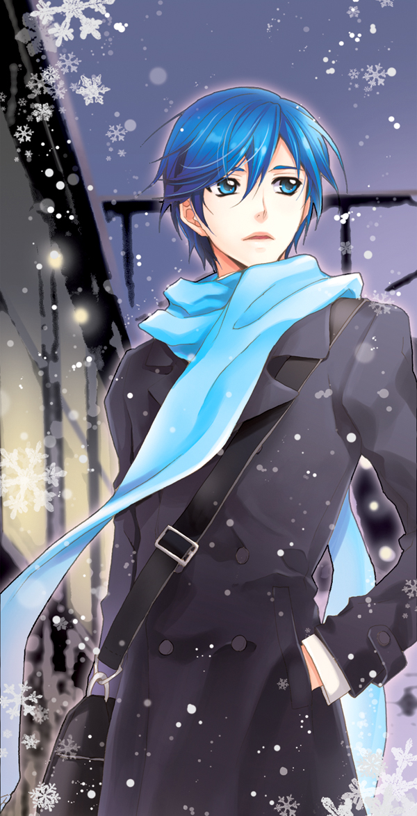 m-ca, mca (dessert candy), kaito (vocaloid), vocaloid, clothes, 1boy, bag, blue eyes, blue hair, blue scarf, coat, double-breasted, hand in pocket, male focus, matching hair/eyes, outdoors, scarf, short hair, snow, snowing, solo