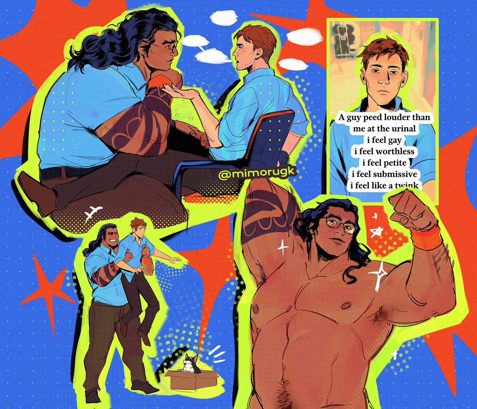 mimorugk, beef (dispatch), robert robertson, royd (dispatch), dispatch, commentary, english commentary, highres, 2boys, arm hair, arm tattoo, arm up, armpit hair, artist name, bara, bare pectorals, beard stubble, black hair, black pants, box, brown hair, brown shoes, chair, clenched hand, dark-skinned male, dark skin, dog, english text, facial hair, long hair, male focus, multiple boys, muscular, navel, nipples, nude, pants, pectorals, shoes, sitting, stubble, tattoo, wristband