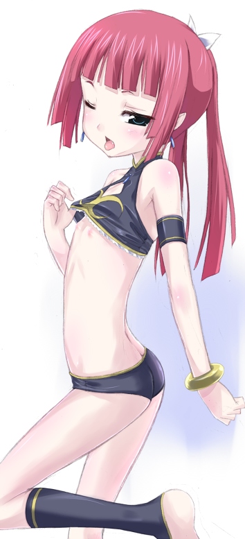 ink (artist), urin (umi monogatari), umi monogatari, bad id, bad pixiv id, 00s, 1girl, ;p, armband, ass, back, bare shoulders, bikini, black bikini, blue eyes, blush, boots, bracelet, cleavage cutout, clothes lift, clothing cutout, earrings, female focus, flat chest, green eyes, jewelry, leg lift, loli, long hair, lowleg, lowleg bikini, nipples, one eye closed, pink hair, pointy ears, red hair, shirt lift, solo, swimsuit, tankini, tongue, tongue out, twintails, wink