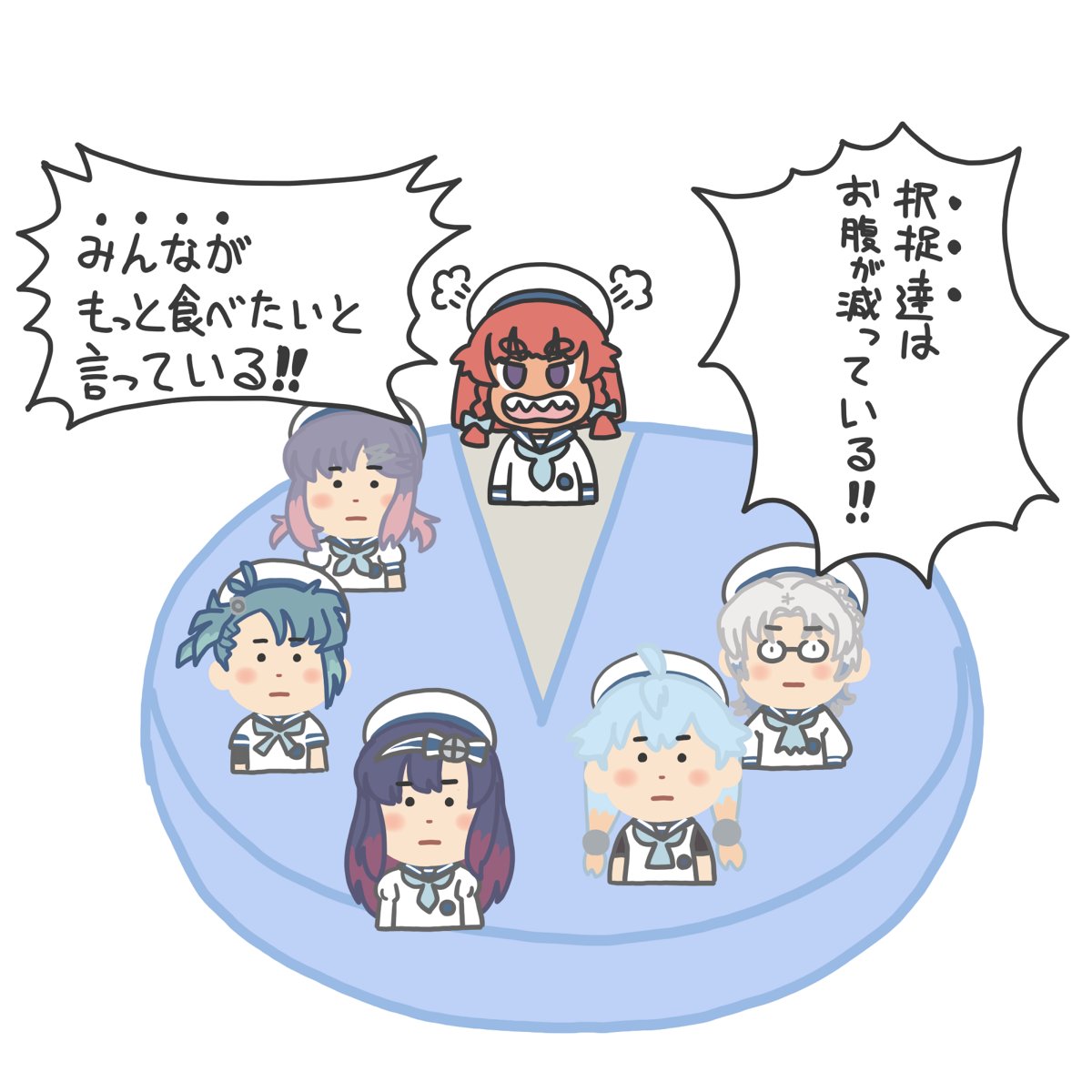 ferret-san, etorofu (kancolle), fukae (kancolle), hirato (kancolle), matsuwa (kancolle), sado (kancolle), tsushima (kancolle), irasutoya, kantai collection, commentary request, highres, translation request, 6+girls, angry, blue hair, blue neckerchief, glasses, grey hair, long hair, mifune takashi (style), multiple girls, neckerchief, purple hair, red hair, sharp teeth, short hair, teeth, upper body