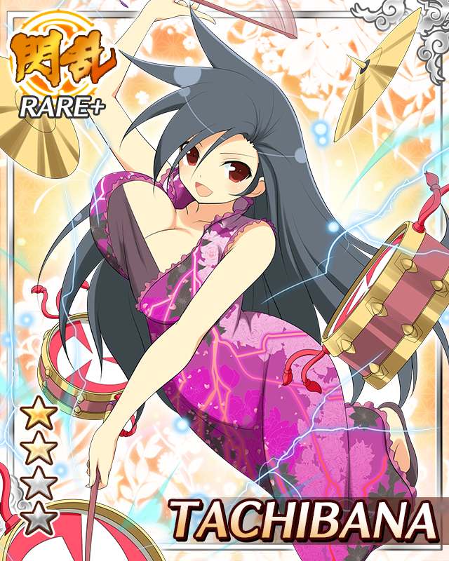 tachibana (senran kagura), senran kagura, senran kagura new wave, game cg, official art, 1girl, black hair, border, bouncing breasts, breasts, card (medium), character name, cleavage, dress, drum, drum set, drumsticks, electricity, english text, holding, holding drumsticks, instrument, large breasts, lightning bolt print, long hair, official alternate costume, open mouth, parted bangs, purple dress, red eyes, sleeveless, sleeveless dress, smile, solo, standing, standing on one leg, very long hair