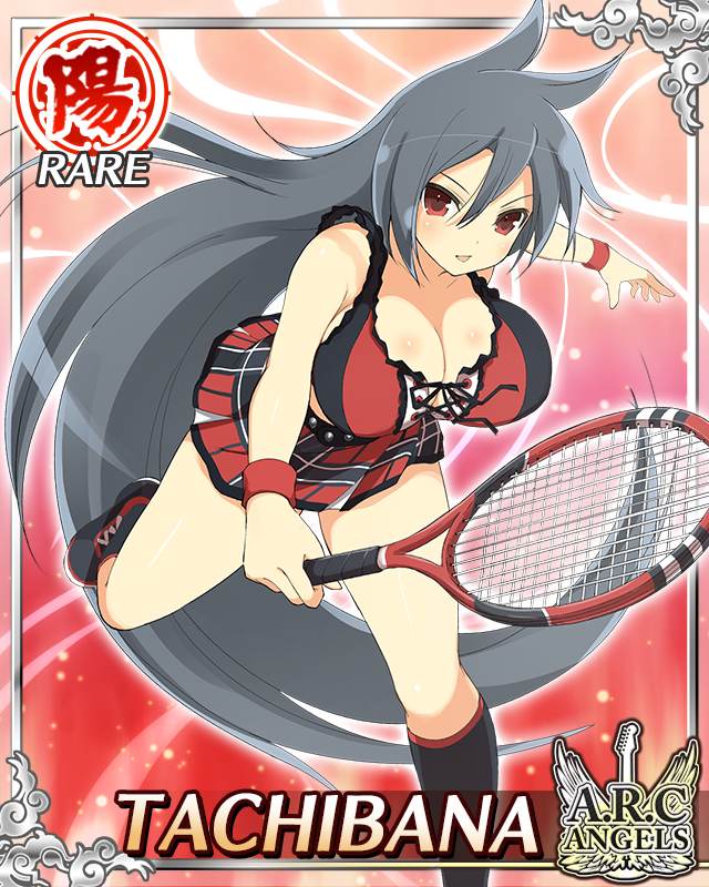 tachibana (senran kagura), senran kagura, senran kagura new wave, game cg, official art, 1girl, ankle socks, black hair, border, breasts, card (medium), character name, cleavage, english text, holding, holding racket, holding tennis racket, large breasts, leaning forward, long hair, looking at viewer, official alternate costume, open mouth, parted bangs, racket, red eyes, red shirt, red skirt, shirt, shoes, skirt, smile, sneakers, socks, solo, sportswear, tennis, tennis dress, tennis racket, tennis skirt, tennis uniform, two-tone skirt, very long hair, wristband