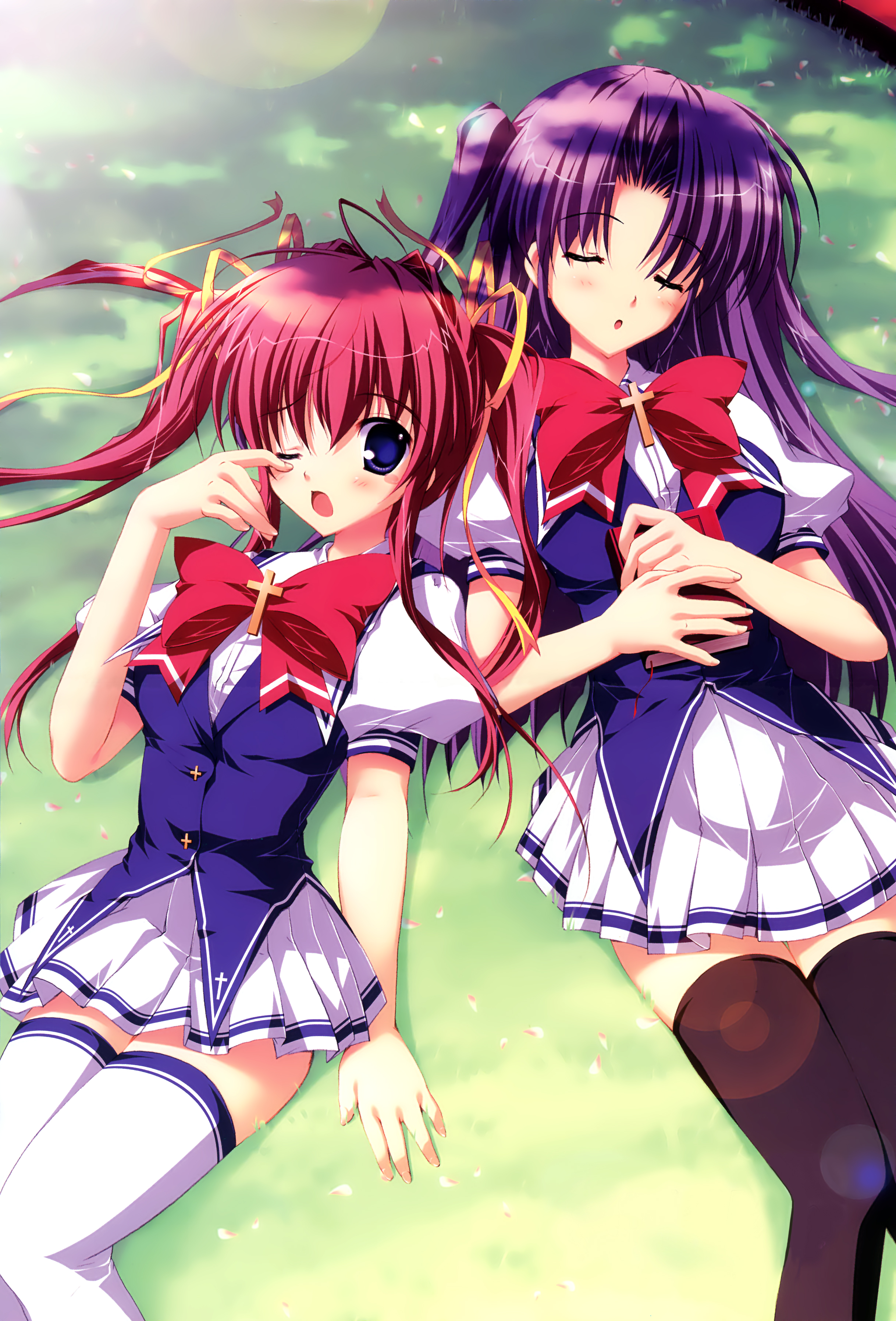mikeou, asakura nanao, takami rin, lyrical lyric, absurdres, highres, 2girls, blue eyes, blush, book, closed eyes, cross, hair ribbon, multiple girls, purple hair, red hair, ribbon, school uniform, shade, sunlight, thighhighs, wink, zettai ryouiki