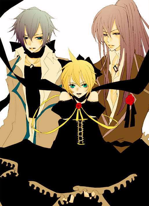 cocono, kagamine len, kaito (vocaloid), kamui gakupo, imitation black (vocaloid), vocaloid, 3boys, aqua eyes, black dress, blonde hair, blue eyes, blue hair, crossdressing, crossdressing (mtf), detached sleeves, dress, flower, hair ribbon, long hair, male focus, multiple boys, ponytail, purple eyes, purple hair, ribbon, rose, short hair, trap