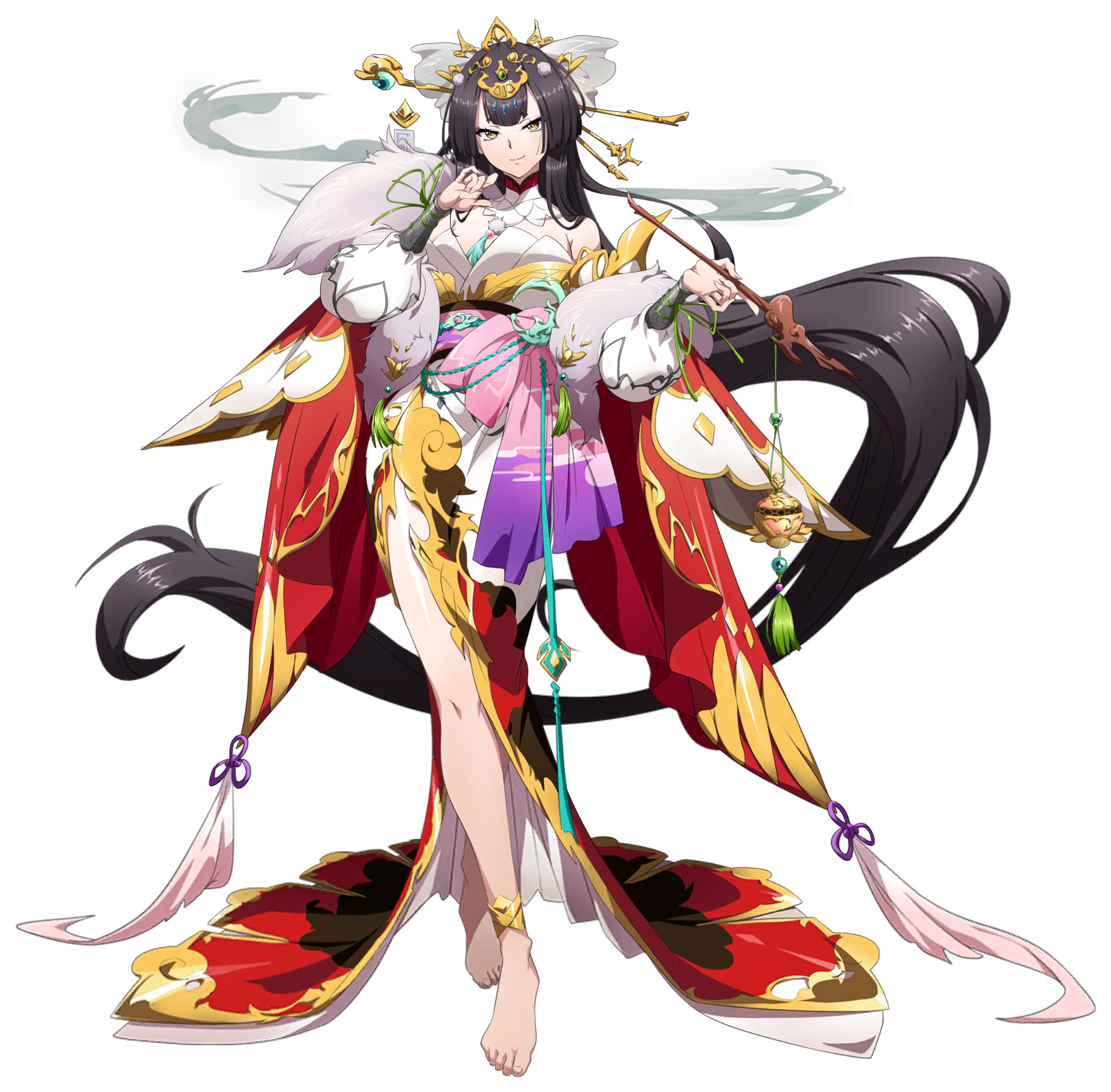 langrisser, langrisser mobile, game cg, highres, official art, second-party source, variant set, 1girl, absurdly long hair, anklet, barefoot, black hair, blunt ends, breasts, cape, center-flap bangs, cleavage, closed mouth, collar, come hither, crossed legs, detached collar, detached sleeves, floating hair, forehead jewel, full body, fur shawl, gem, gold anklet, gold trim, hair ornament, hair ribbon, hair stick, hand over face, holding, holding smoking pipe, japanese clothes, jewelry, kaguya (langrisser), kimono, kiseru, large breasts, legs, long hair, looking at viewer, multicolored kimono, multicolored sash, obi, ornate clothes, pink sash, print kimono, puffy sleeves, purple sash, red cape, ribbon, sash, shawl, shiny skin, side slit, simple background, smile, smoke, smoke trail, smoking, smoking pipe, smug, solo, standing, tachi-e, tassel, transparent background, very long hair, white collar, white kimono, white sleeves, yellow eyes