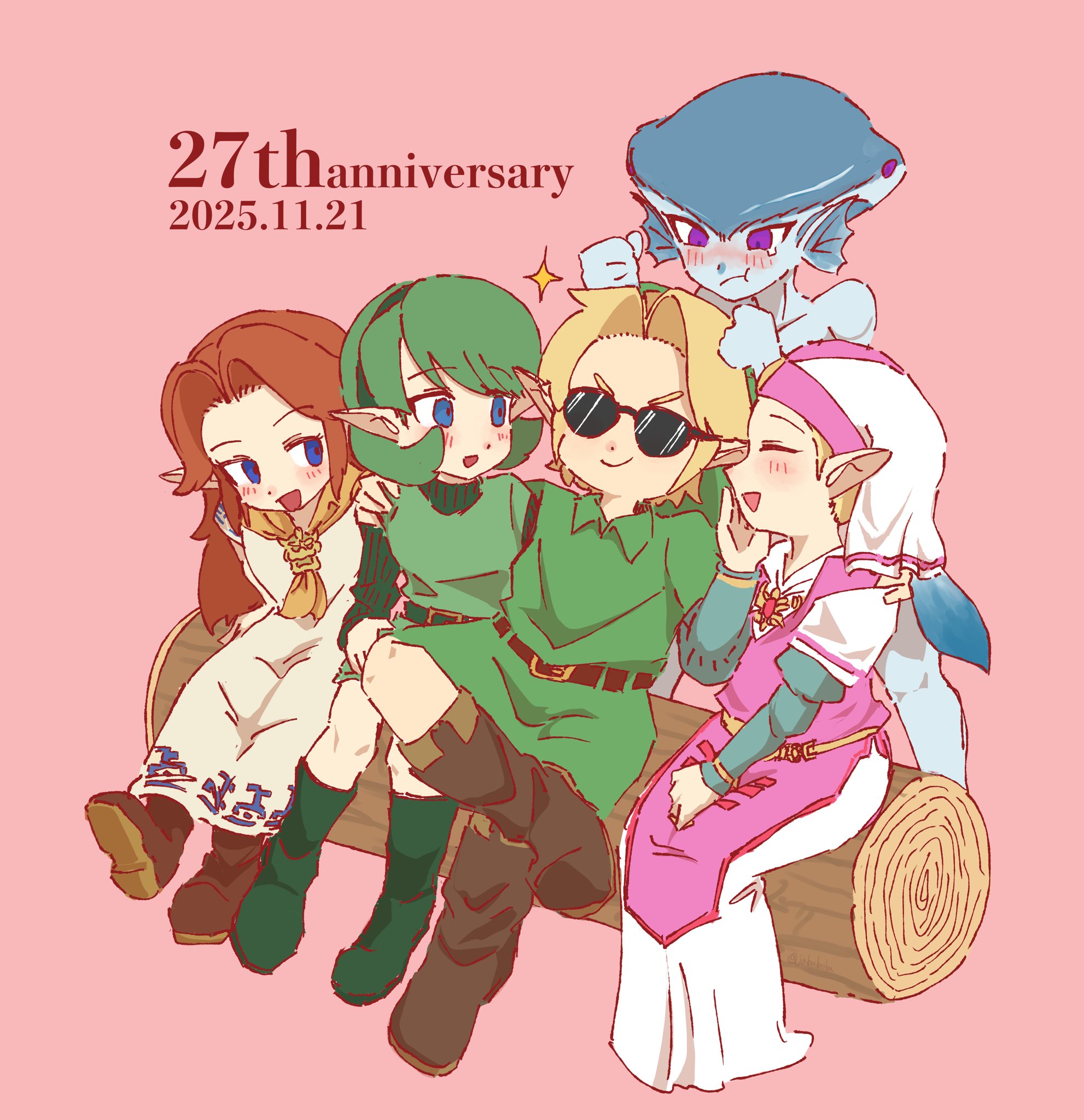 link, malon, princess ruto, princess zelda, saria (zelda), nintendo, the legend of zelda, the legend of zelda: ocarina of time, hashtag-only commentary, highres, 1boy, 4girls, angry, blonde hair, blue eyes, blue skin, boots, brown boots, brown hair, clenched hands, closed mouth, colored skin, crying, crying with eyes open, dress, fins, forehead, green boots, green eyes, green hair, green hat, green shirt, hat, head fins, headpiece, jababoba, log, long hair, looking at another, medium hair, multiple girls, open mouth, pink background, pointy ears, pout, punching, shirt, short hair, simple background, sitting, smile, sparkle, sunglasses, tears, tunic, white dress