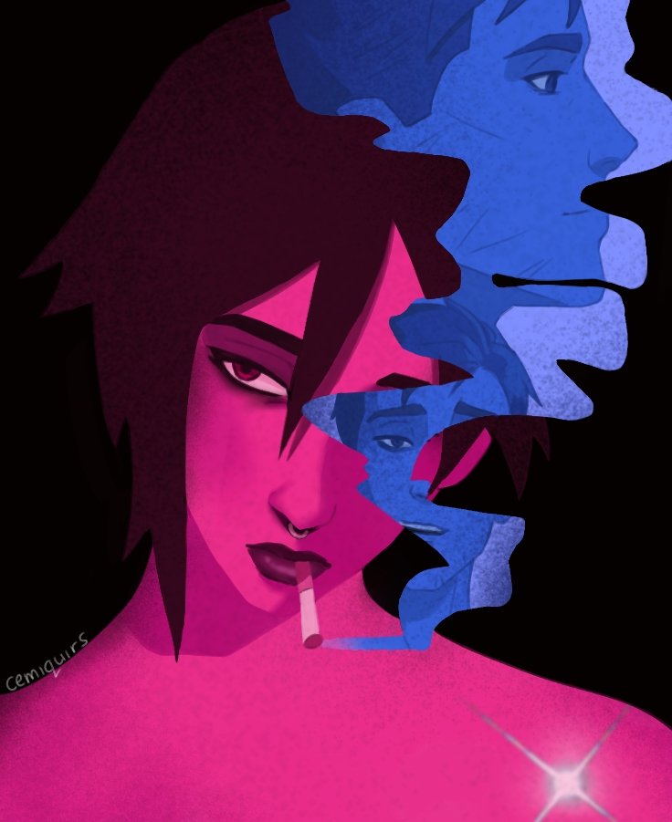 invisigal (dispatch), robert robertson, dispatch, 1boy, 1girl, artist name, black background, black hair, cemiquirs, cigarette, face piercing, glint, hair between eyes, limited palette, lipstick, looking at viewer, makeup, minimalism, multiple boys, neon palette, nose piercing, nose ring, piercing, pink eyes, pop art, profile, red eyes, scar, scar on face, septum piercing, short hair, simple background, smoke, smoking, twitter username