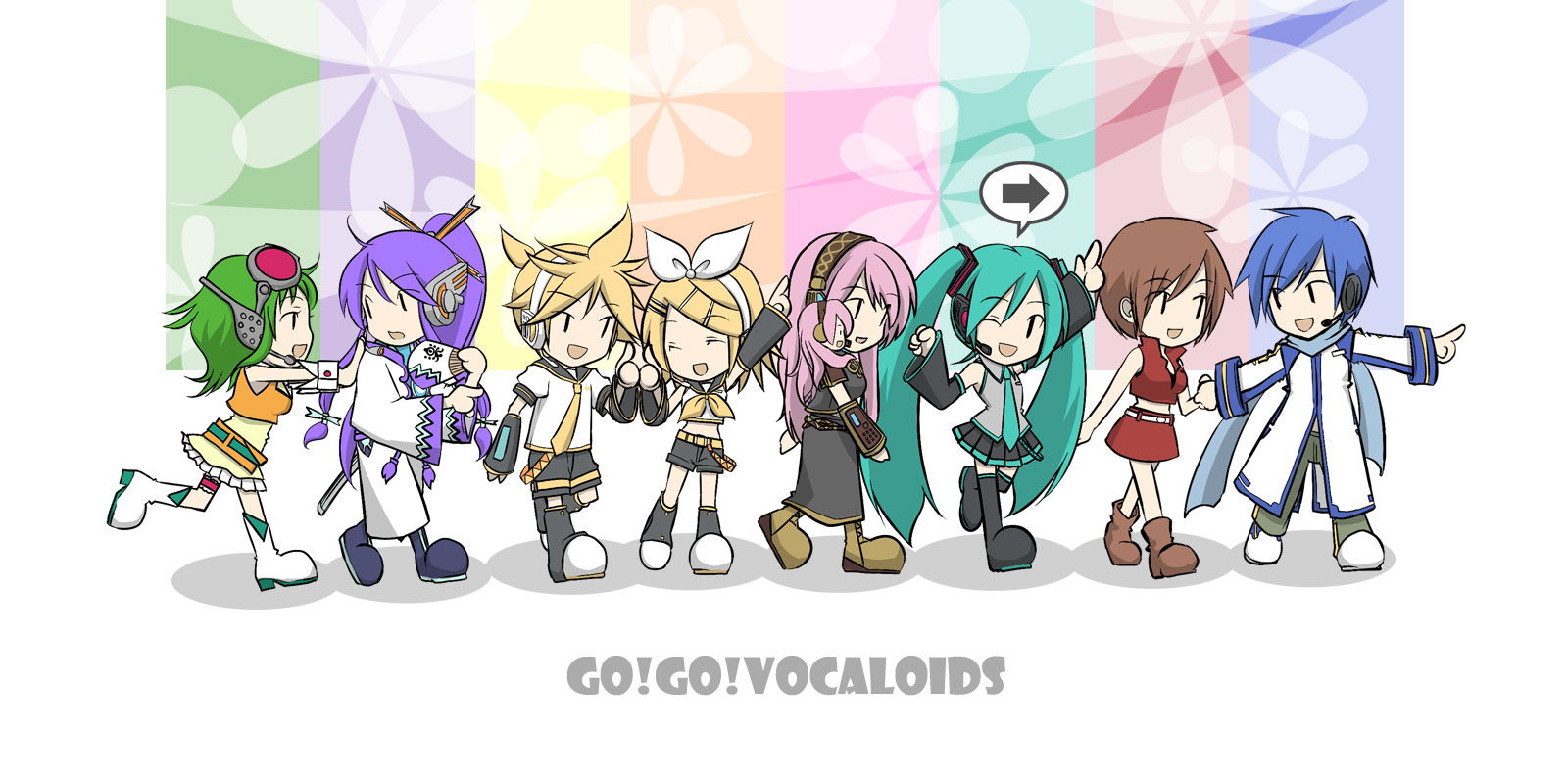 sakuraji tomoka, gumi, hatsune miku, kagamine len, kagamine rin, kaito (vocaloid), kamui gakupo, megurine luka, meiko (vocaloid), takoluka, vocaloid, highres, 3boys, 5girls, aqua hair, blonde hair, blue hair, blue scarf, boots, brown hair, chibi, detached sleeves, everyone, family, goggles, green hair, hair ornament, hair ribbon, hairclip, hand fan, headphones, headset, long hair, midriff, multiple boys, multiple girls, necktie, one eye closed, pink hair, ponytail, purple hair, ribbon, scarf, short hair, shorts, siblings, skirt, smile, thighhighs, twins, twintails, wink