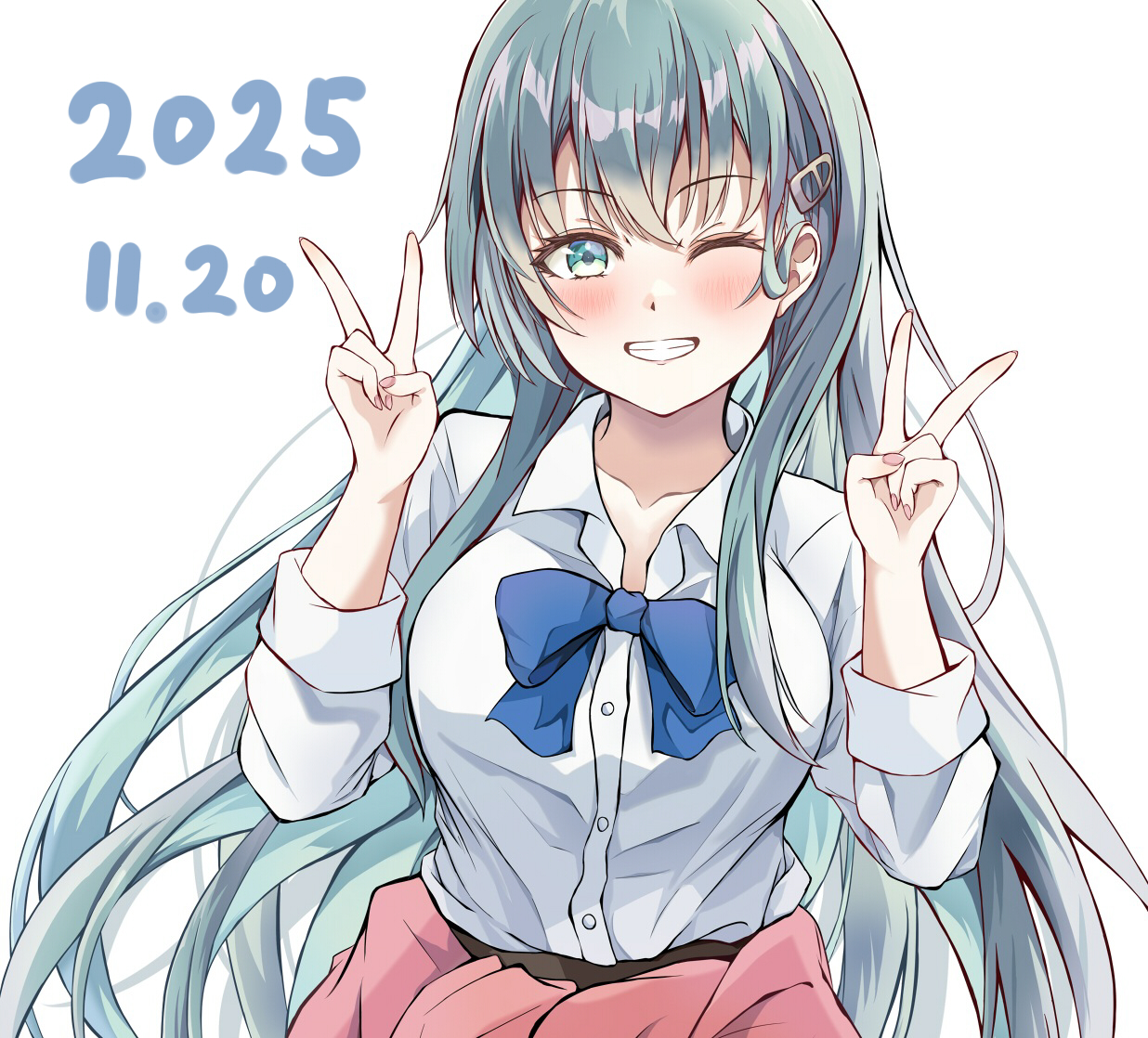 dairyo3, suzuya (kancolle), suzuya (school girl) (kancolle), kantai collection, 1girl, aqua hair, blue bow, blue bowtie, bow, bowtie, cardigan, cardigan around waist, clothes around waist, collared shirt, dated, double v, dress shirt, green eyes, grin, hair ornament, hairclip, looking at viewer, one eye closed, pink cardigan, shirt, simple background, smile, solo, upper body, v, white background, white shirt