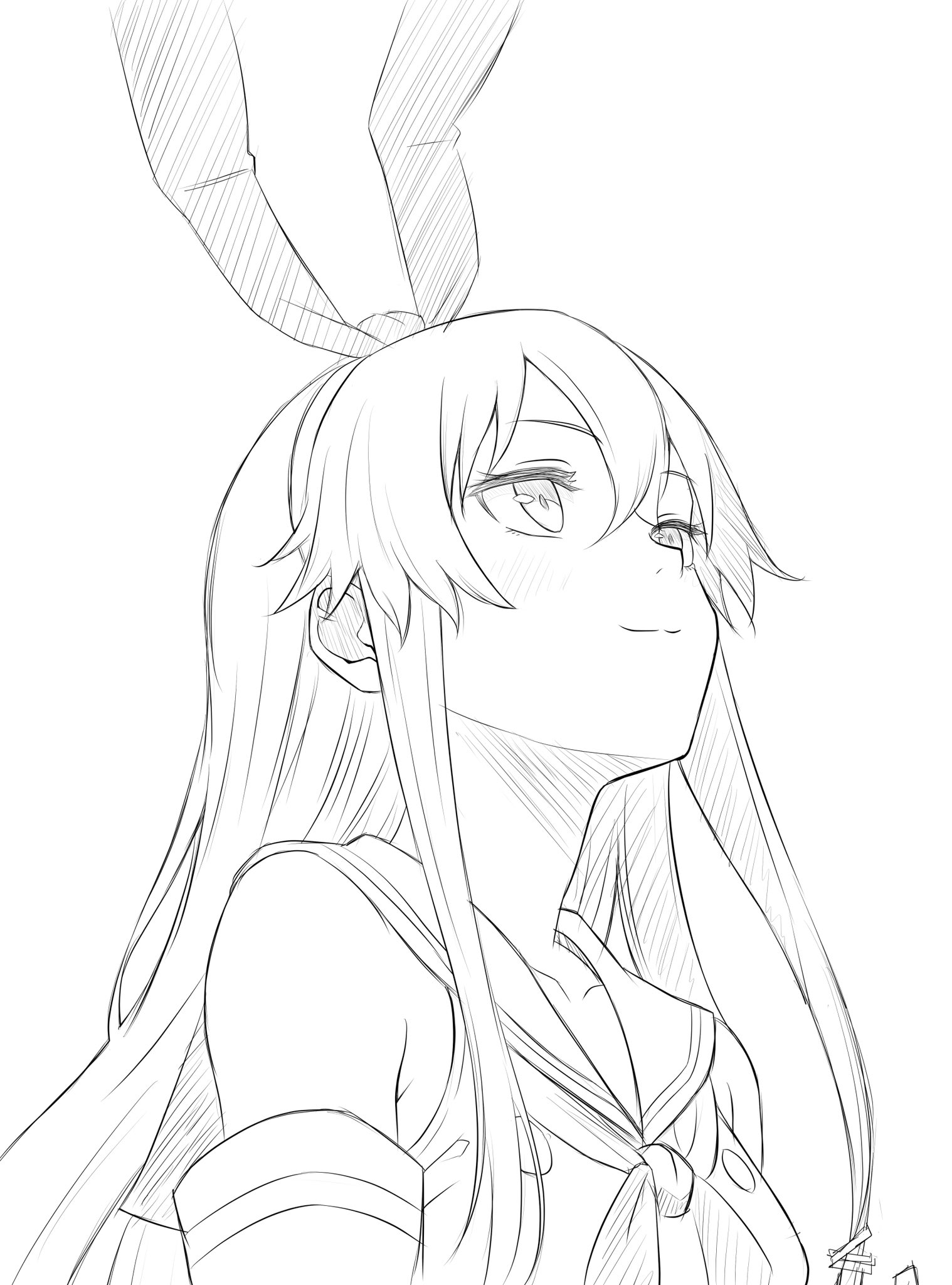 nagare (flow), shimakaze (kancolle), kantai collection, highres, 1girl, from below, hairband, lineart, long hair, looking up, monochrome, neckerchief, sailor collar, sailor shirt, shirt, sidelocks, sleeveless, sleeveless shirt, smile, solo