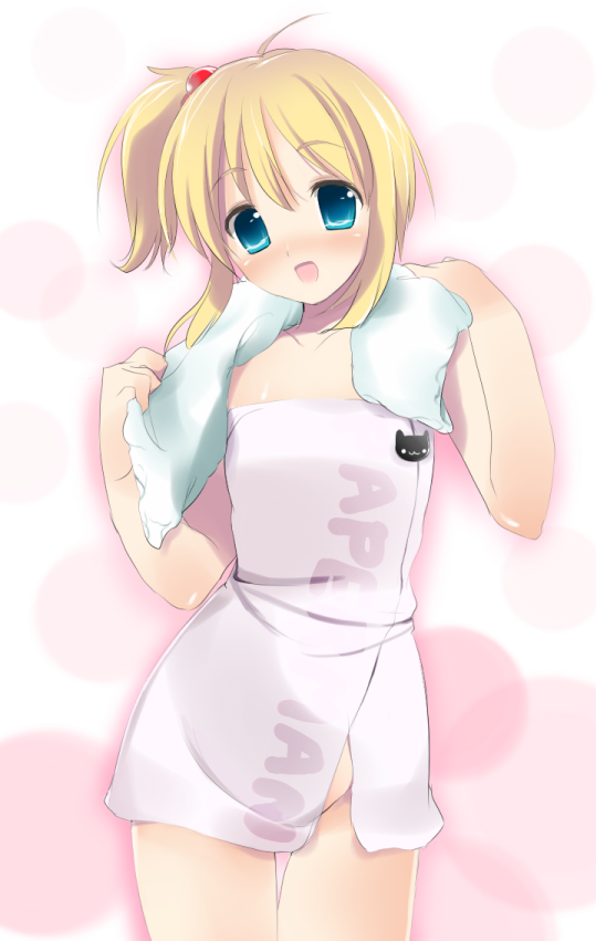 uya (munyu), tina (paperman), paper man, bad id, bad pixiv id, 1girl, blonde hair, blue eyes, blush, female focus, naked towel, open mouth, side ponytail, solo, towel, towel around neck