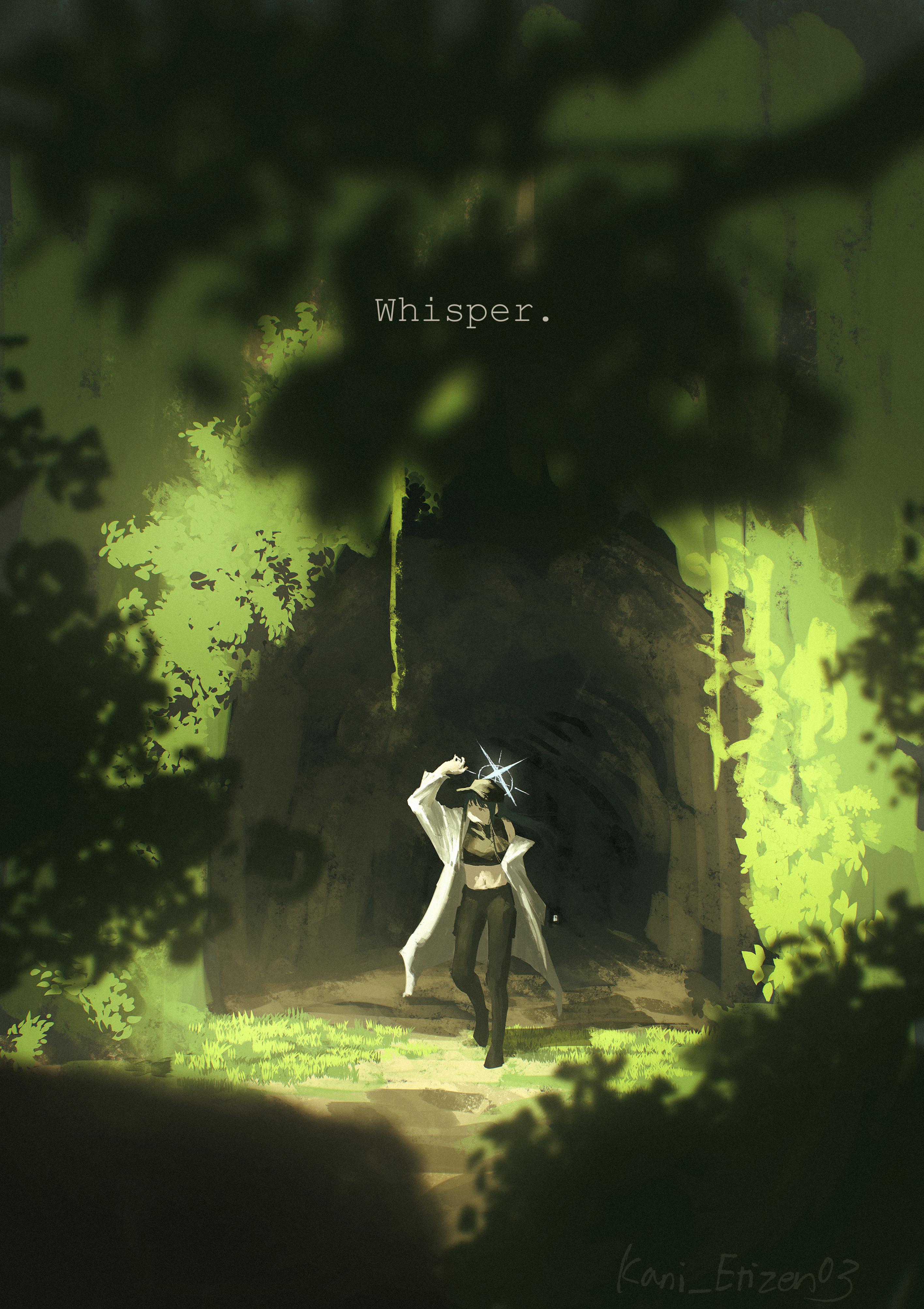 kani etizen03, saori (blue archive), blue archive, absurdres, commentary, highres, 1girl, baseball cap, black hair, black pants, blue halo, blurry, blurry foreground, coat, coat partially removed, crop top, day, depth of field, english text, grass, halo, hat, long hair, overgrown, pants, shading eyes, shirt, sleeveless, sleeveless shirt, solo, sunlight, tunnel, twitter username, white coat