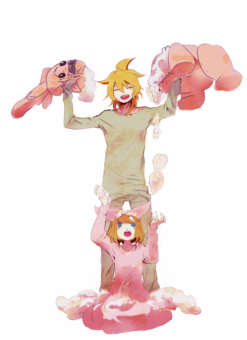 una (mazinger), kagamine len, kagamine rin, vocaloid, 1boy, 1girl, blonde hair, blue eyes, brother and sister, hair ribbon, ribbon, short hair, siblings, simple background, stuffed animal, stuffed toy, twins