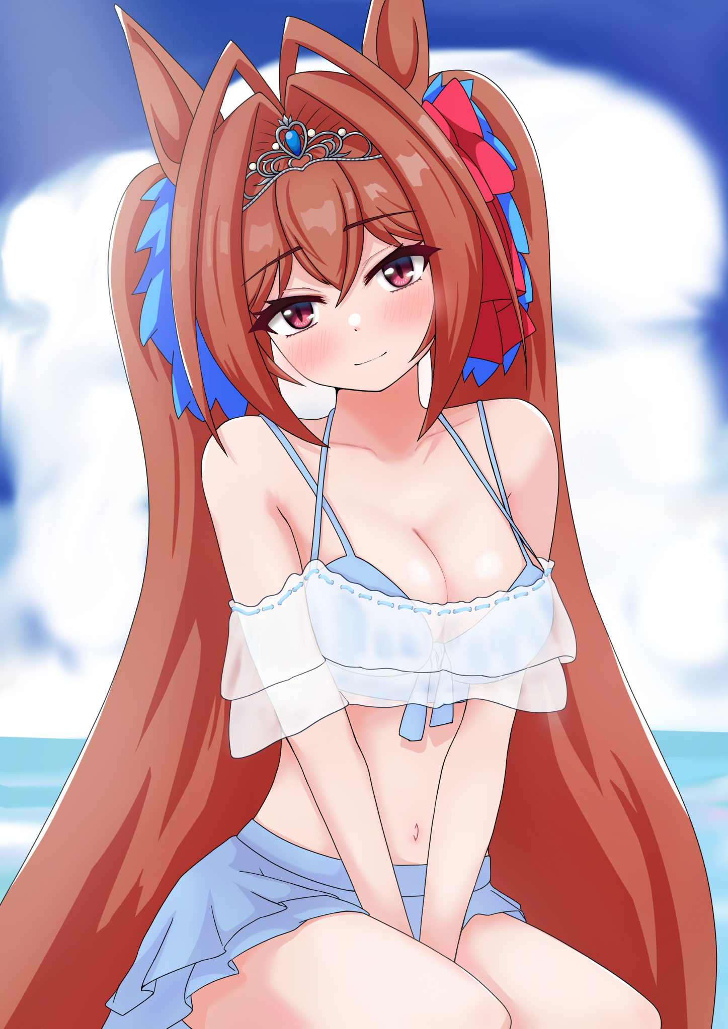 masaki r2, daiwa scarlet (umamusume), umamusume, commentary, highres, 1girl, animal ears, bare shoulders, bikini, bikini skirt, blue bikini, blush, breasts, brown hair, cleavage, closed mouth, cloud, collarbone, hair between eyes, hair intakes, horse ears, horse girl, large breasts, long hair, looking at viewer, navel, ocean, outdoors, red eyes, sky, smile, solo, stomach, swimsuit, tiara, twintails, very long hair, water