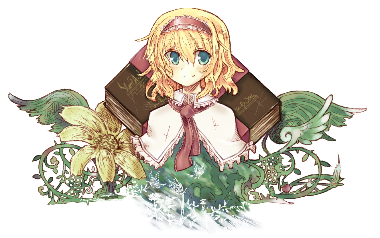 yuki sasame, alice margatroid, touhou, 1girl, blonde hair, book, female focus, flower, green eyes, hairband, short hair, solo, white background