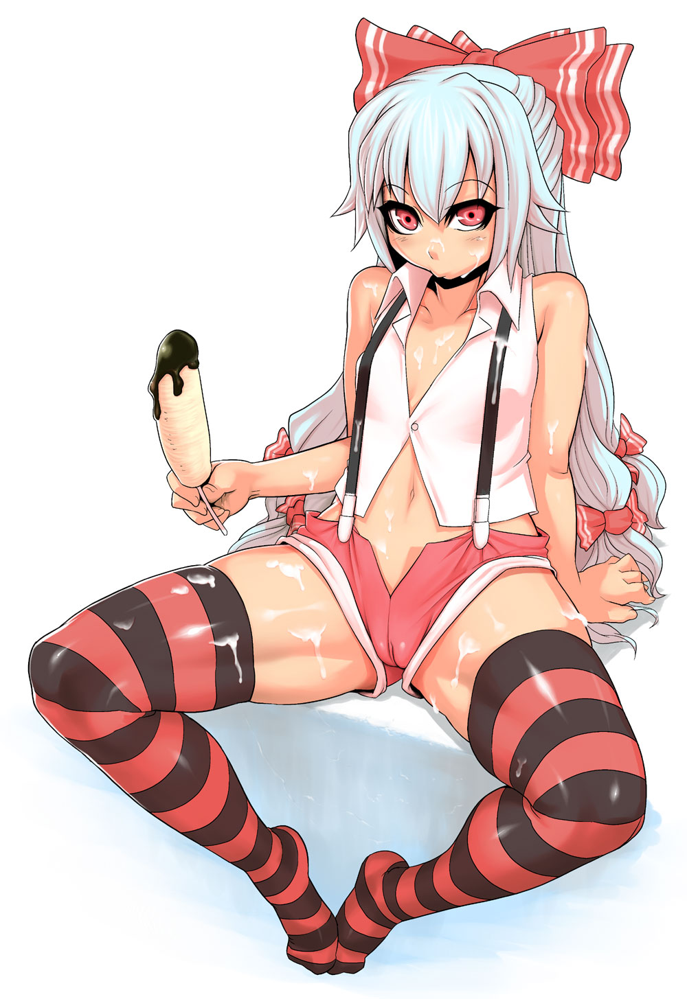 jun (rojiura jack), fujiwara no mokou, touhou, highres, 1girl, blush, bukkake, cameltoe, chocolate-covered food, chocolate banana, choker, cum, cum on body, cum on clothes, cum on lower body, cum on upper body, facial, female focus, hair ribbon, legs, long hair, navel, red eyes, red thighhighs, ribbon, sexually suggestive, short shorts, shorts, sitting, solo, striped clothes, striped thighhighs, suspenders, thighhighs, thighs, white hair