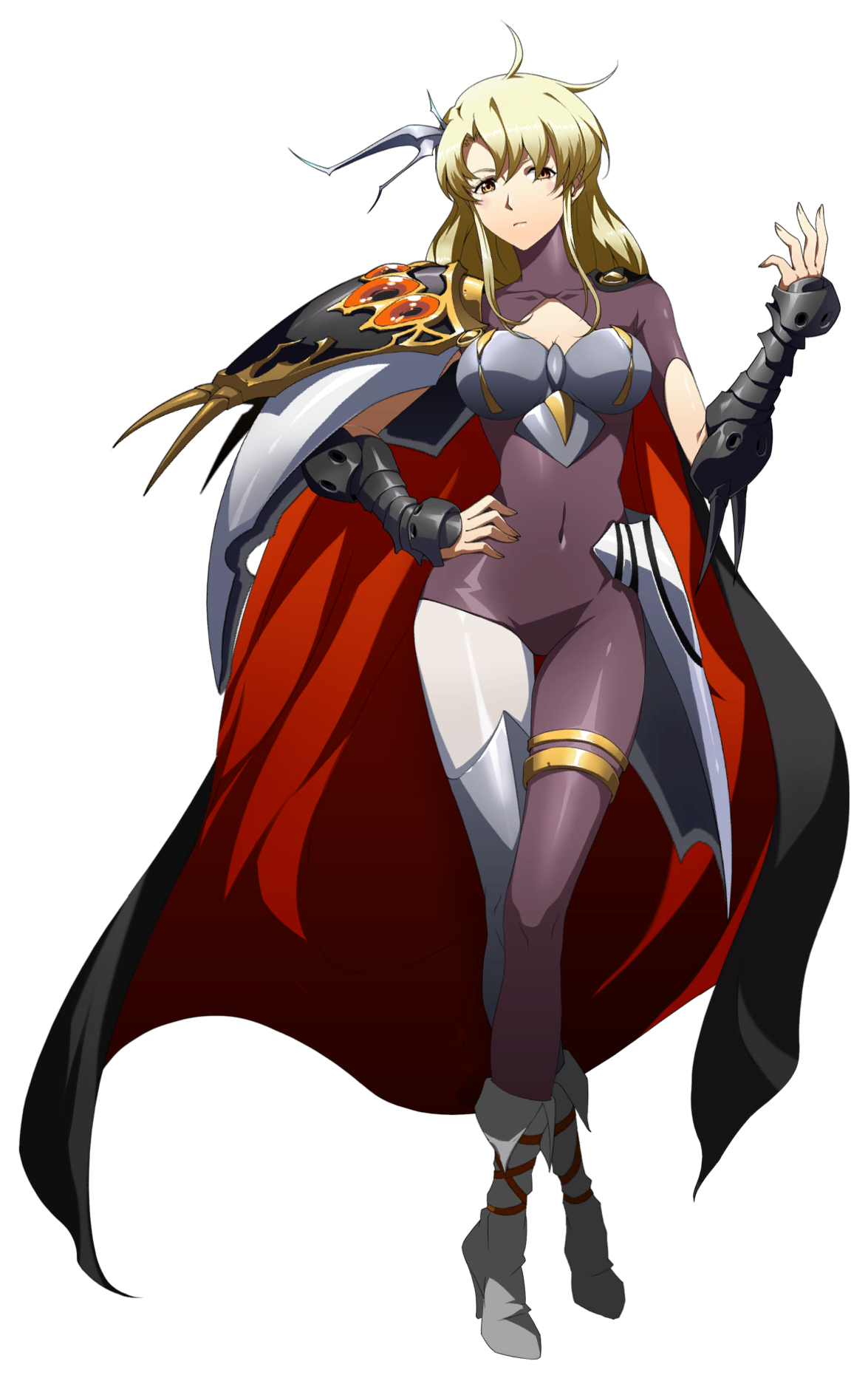rana (langrisser), langrisser, langrisser ii, langrisser mobile, game cg, highres, official art, second-party source, variant set, 1girl, armor, asymmetrical legwear, bikini armor, black cape, blonde hair, bodysuit, boots, bra, breasts, brown eyes, brown leotard, brown thighhighs, cape, cleavage, closed mouth, collarbone, covered navel, frown, full body, gauntlets, grey boots, grey bra, grey thighhighs, hair between eyes, hair ornament, hand on own hip, highleg, highleg leotard, large breasts, leotard, long hair, looking at viewer, midriff, mismatched legwear, navel, pauldrons, red cape, see-through bodysuit, see-through clothes, shiny skin, shoulder armor, simple background, single pauldron, solo, standing, stomach, tachi-e, thigh gap, thighhighs, transparent background, two-sided cape, two-sided fabric, underwear