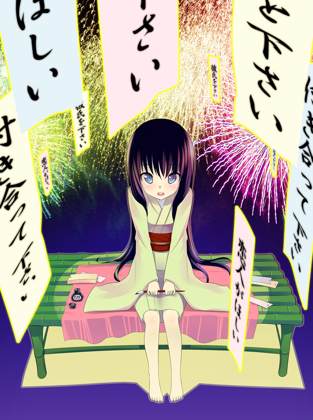 zpolice, original, bad id, bad pixiv id, highres, translation request, 1girl, barefoot, blue eyes, blush, calligraphy brush, child, feet, female focus, japanese clothes, kimono, long hair, paintbrush, solo, tanabata, tanzaku