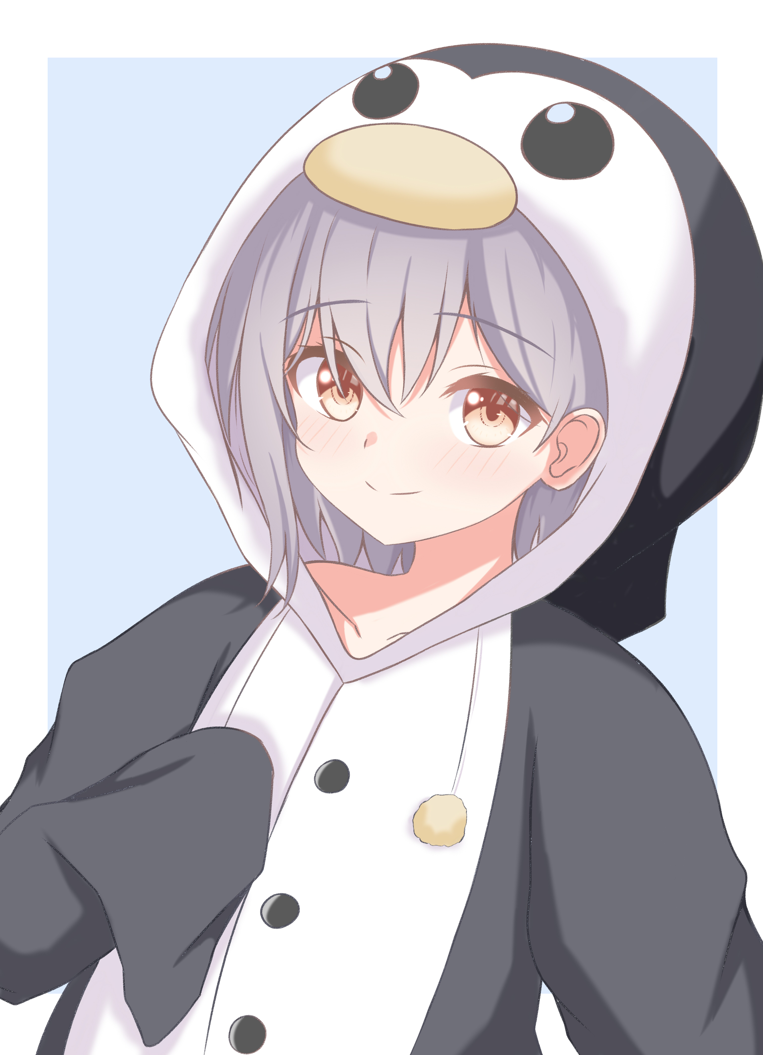 liya (yosoro2016), takamatsu tomori, bang dream!, bang dream! it's mygo!!!!!, absurdres, commentary request, highres, partial commentary, 1girl, animal hood, blue background, blush, border, brown eyes, closed mouth, grey hair, hood, hood up, looking at viewer, medium hair, onesie, outside border, penguin hood, simple background, sleeves past fingers, sleeves past wrists, solo, white border