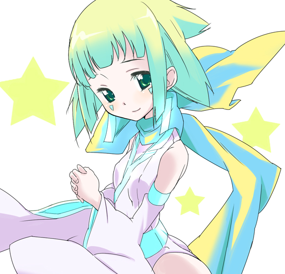 toru k, jirachi, nintendo, pokemon, bad id, bad pixiv id, 00s, 1girl, aqua hair, bare shoulders, costume, detached sleeves, female focus, gen 3 pokemon, green eyes, legendary pokemon, mythical pokemon, own hands together, personification, scarf, short hair, smile, solo, star (symbol)