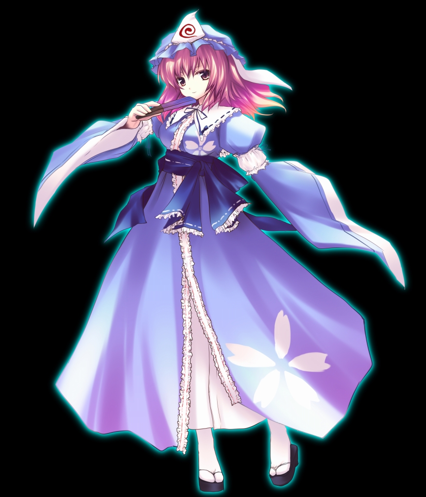 usume shirou, saigyouji yuyuko, touhou, 1girl, clog sandals, female focus, gradient background, hand fan, hat, holding, holding fan, okobo, pink eyes, pink hair, platform sandals, sandals, short hair, solo