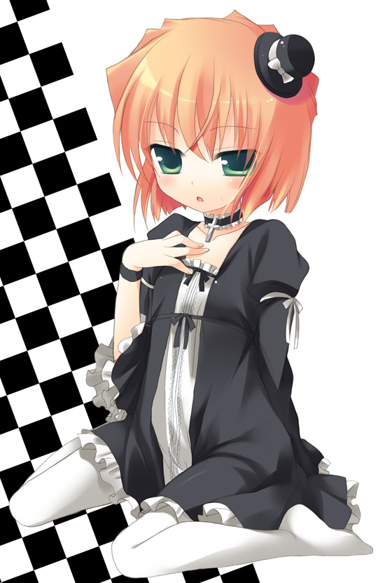 sazaki ichiri, haibara ai, meitantei conan, 1girl, blush, child, choker, female focus, gothic lolita, green eyes, hat, kneeling, lolita fashion, mini hat, mini top hat, orange hair, pantyhose, short hair, solo, top hat, white pantyhose