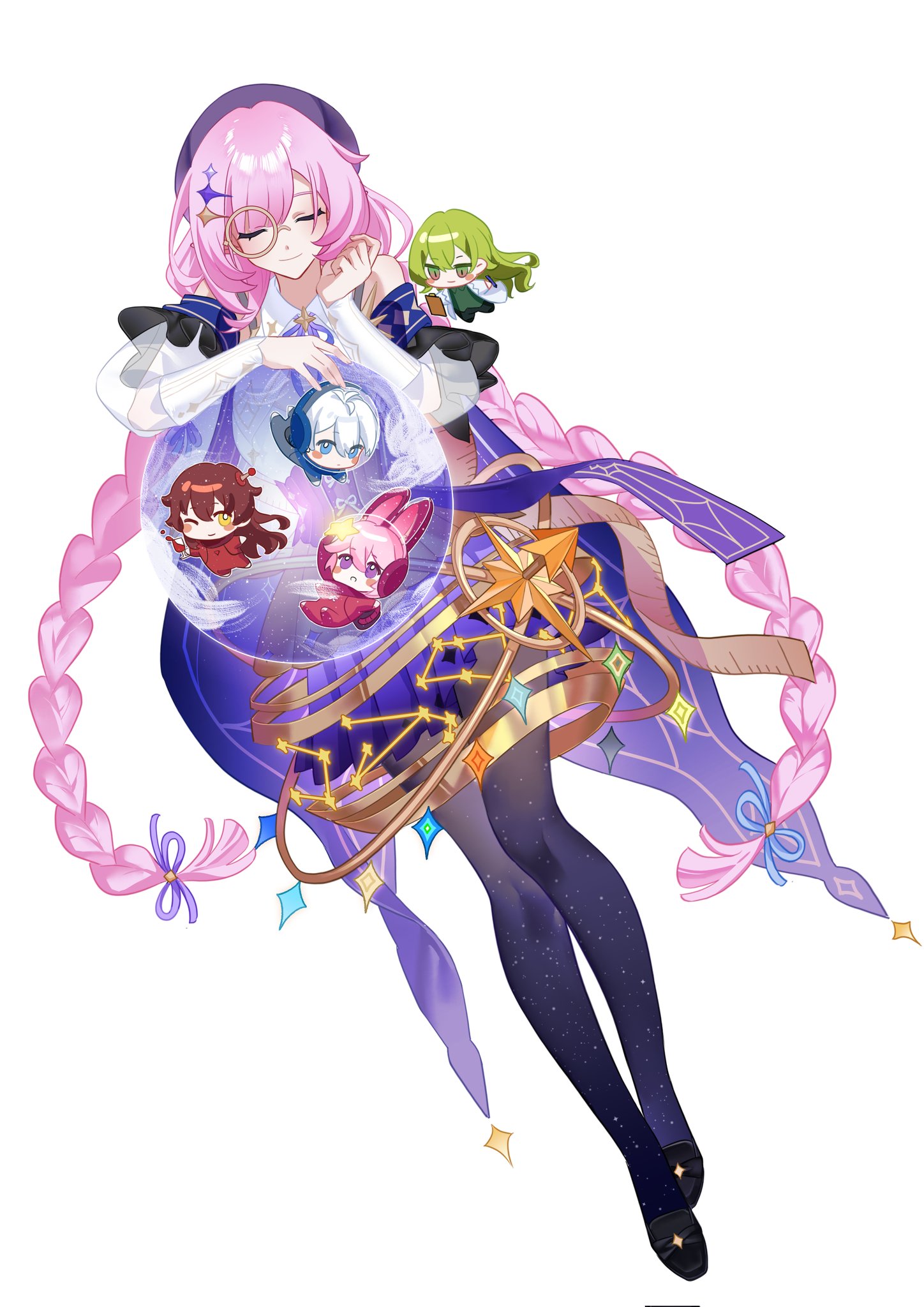 sang sha, eden (honkai impact), elysia (honkai impact), kevin kaslana, mobius (honkai impact), yae sakura, honkai (series), honkai impact 3rd, chinese commentary, commentary request, highres, 1boy, 4girls, astronaut, black pantyhose, black shoes, braid, brown hair, chibi, closed eyes, dress, full body, green hair, helmet, long hair, multiple girls, orb, pantyhose, pink hair, purple dress, shoes, simple background, space helmet, spacesuit, twin braids, very long hair, white background, white hair