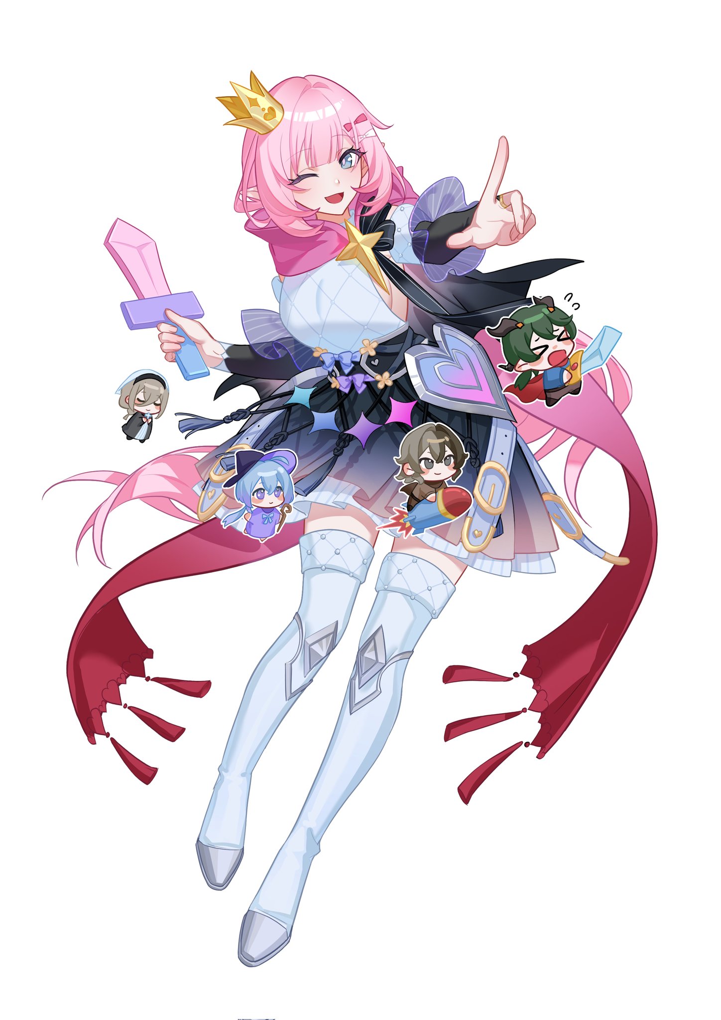 sang sha, aponia, elysia (honkai impact), griseo, griseo (starry impression), kosma, vill-v, honkai (series), honkai impact 3rd, chinese commentary, commentary request, highres, > <, 1boy, 4girls, ;), alternate costume, armor, black skirt, blonde hair, blue eyes, blue hair, breastplate, breasts, brown hair, chibi, crown, elf, full body, green hair, hat, holding, holding toy, large breasts, long hair, multiple girls, one eye closed, pink hair, pointy ears, rocket ship, simple background, skirt, smile, spacecraft, toy, toy sword, very long hair, white background, witch hat