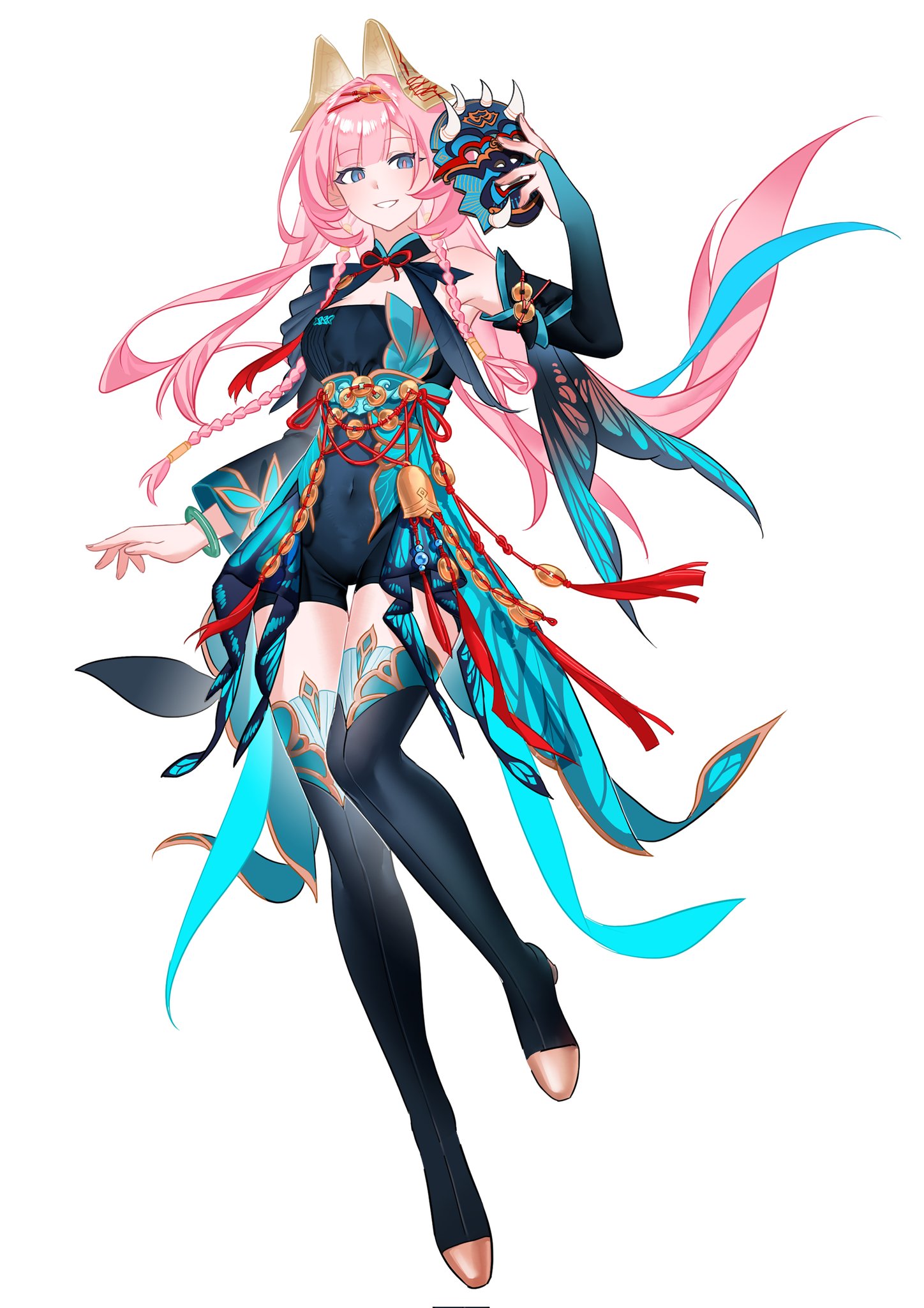 sang sha, elysia (honkai impact), honkai (series), honkai impact 3rd, chinese commentary, commentary request, highres, 1girl, alternate costume, blue eyes, blue unitard, breasts, bridal gauntlets, full body, holding, holding mask, large breasts, looking at viewer, mask, oni mask, pink hair, simple background, single bare shoulder, smile, solo, thighs