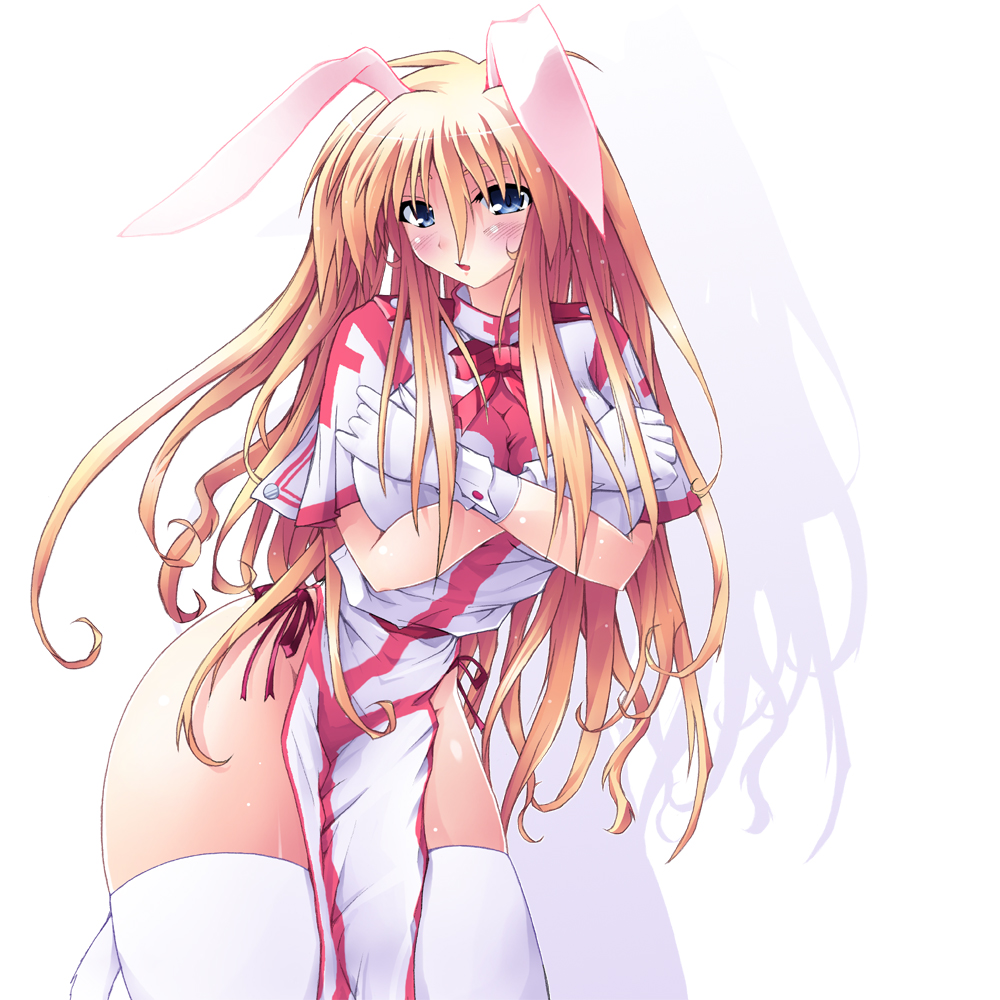 scatter milk, breast hold, bad id, bad pixiv id, 1girl, animal ears, blonde hair, blue eyes, blush, breasts, curvy, female focus, gloves, huge breasts, long hair, panties, rabbit ears, side-tie panties, solo, tail, thighhighs, thighs, underwear, white thighhighs