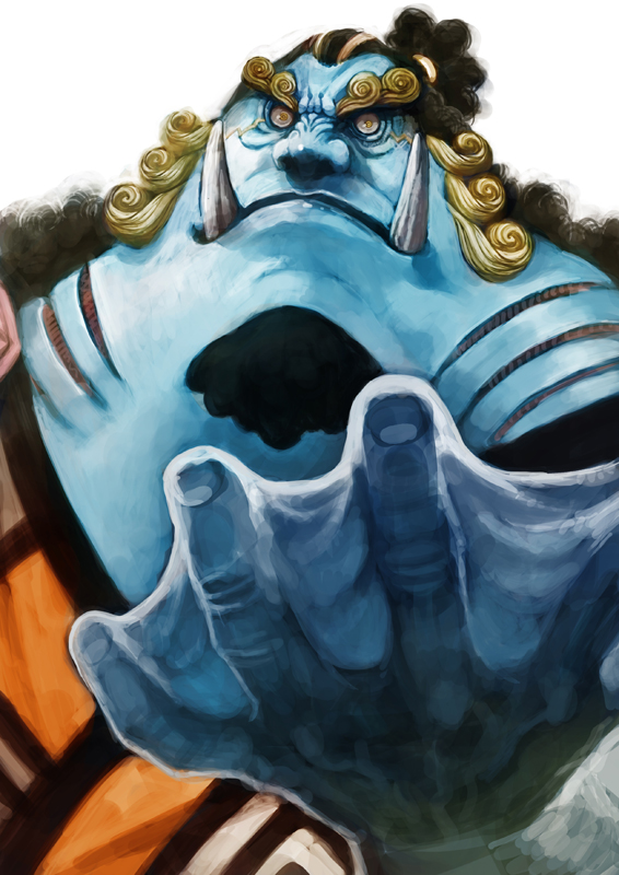 lack, jinbe (one piece), one piece, 1boy, beard, black hair, blue skin, colored skin, facial hair, male focus, monster, monster boy, realistic, robe, sharp teeth, solo, teeth, tusks, yellow eyes