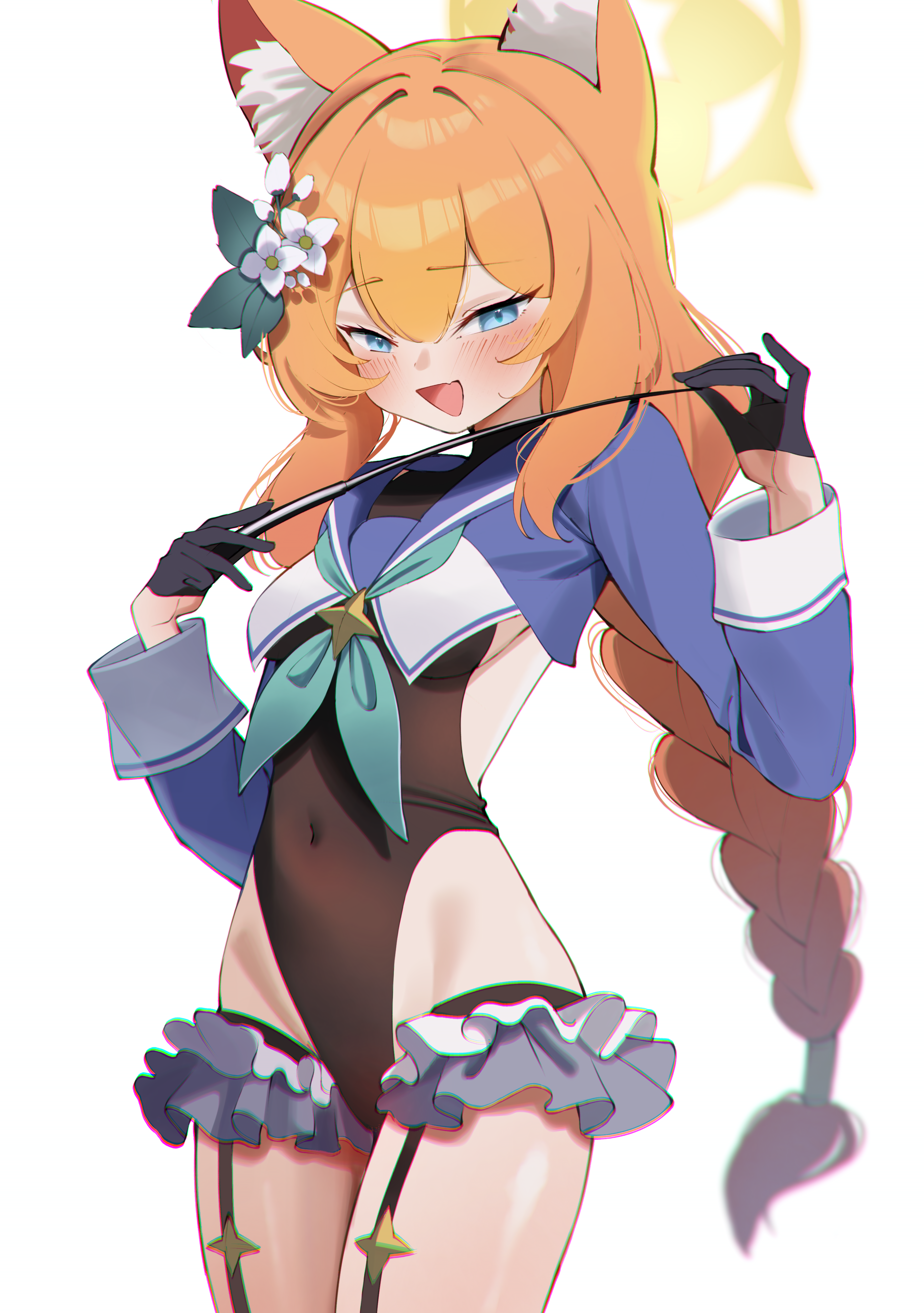 l1quid neko, mari (blue archive), shimiko (blue archive), shimiko (magical) (blue archive), blue archive, absurdres, highres, animal ears, aqua neckerchief, black gloves, black leotard, blue eyes, blue sailor collar, blue shrug, braid, cat ears, cosplay, covered navel, flower, frilled thigh strap, garter straps, gloves, hair flower, hair ornament, half gloves, halo, halter leotard, halterneck, highleg, highleg leotard, holding, holding riding crop, leotard, long hair, long sleeves, neckerchief, orange hair, riding crop, sailor collar, shimiko (blue archive) (cosplay), shrug (clothing), simple background, single braid, smile, super highleg, thigh strap, white background, yellow halo