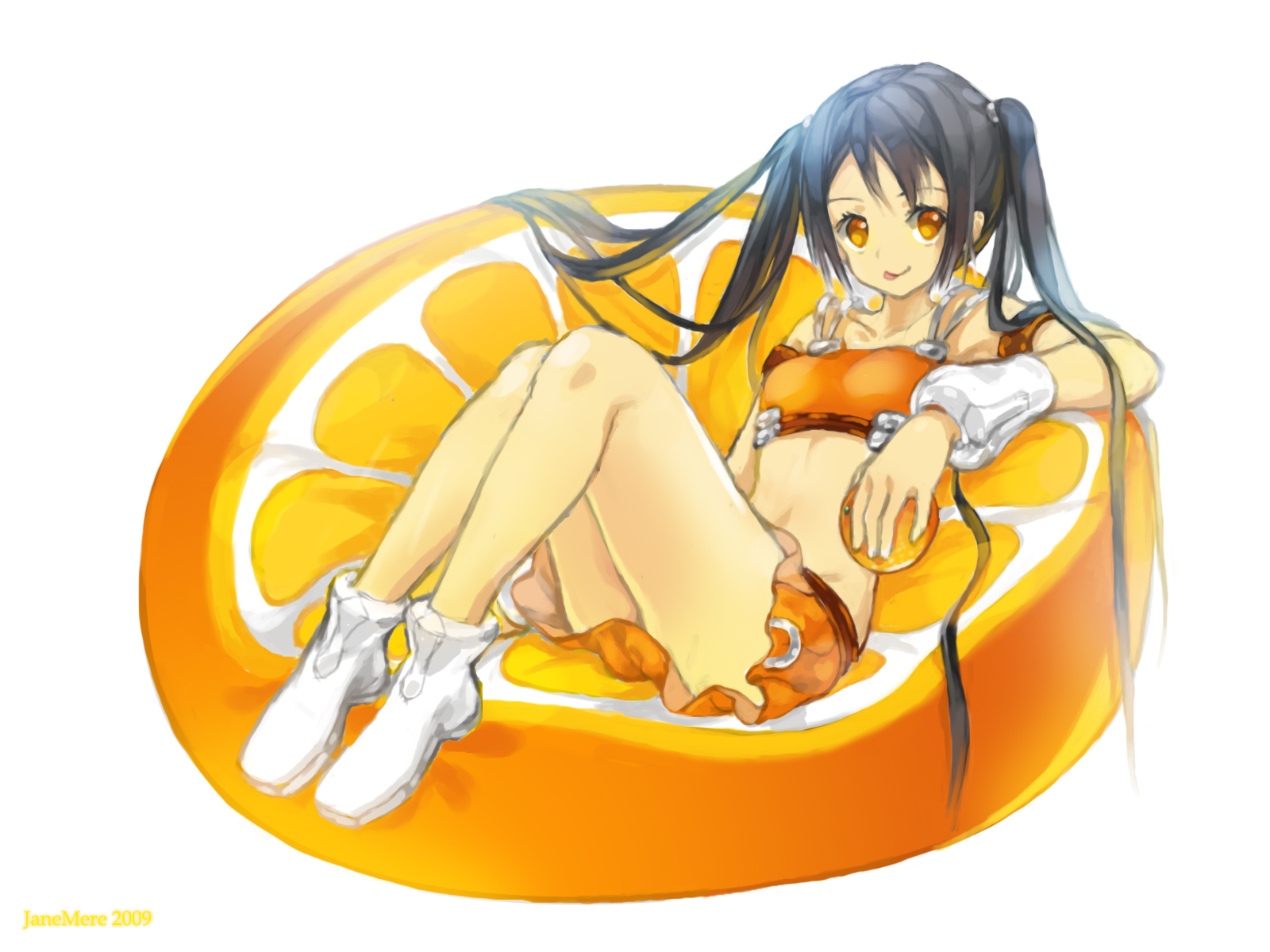 jane mere, arancia, original, highres, 00s, 1girl, 2009, :p, bikini, black hair, female focus, food, fruit, innertube, long hair, orange (fruit), orange bikini, orange eyes, orange skirt, orange slice, orange theme, signature, simple background, sitting, skirt, solo, swim ring, swimsuit, tongue, tongue out, twintails, white background