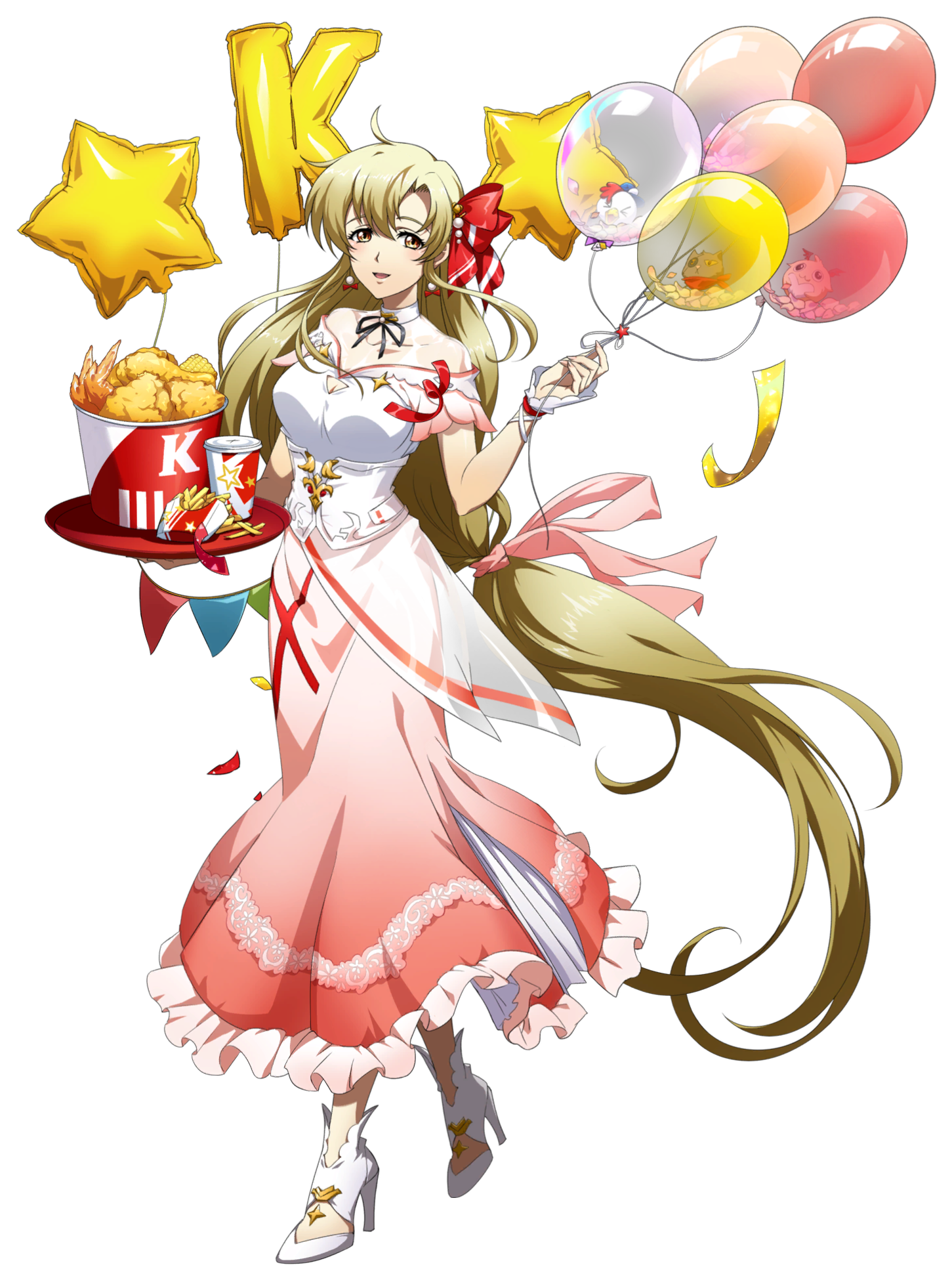 riana (langrisser), kfc, langrisser, langrisser ii, langrisser mobile, game cg, highres, official art, second-party source, 1girl, :d, balloon, bare shoulders, black ribbon, blonde hair, bow, brand name imitation, breasts, bucket of chicken, celebration, chicken (food), chicken leg, cleavage cutout, clothing cutout, collarbone, confetti, corn, corset, cup, curtained hair, dress, drink, earrings, fast food, floating hair, food, french fries, fried chicken, frilled dress, frills, full body, gem, gradient clothes, gradient dress, hair between eyes, hair bow, hair ribbon, high heels, holding, holding balloon, holding tray, jewelry, large breasts, letter balloon, long hair, long sidelocks, looking at viewer, low-tied long hair, neck ribbon, off-shoulder dress, off shoulder, official alternate costume, open mouth, orange eyes, parted bangs, pearl (gemstone), pearl hair ornament, pink dress, pink ribbon, ponytail, red ribbon, ribbon, shoes, sidelocks, simple background, smile, solo, standing, star balloon, string of flags, tachi-e, transparent background, tray, very long hair, white corset, white dress, white shoes, wrist wrap