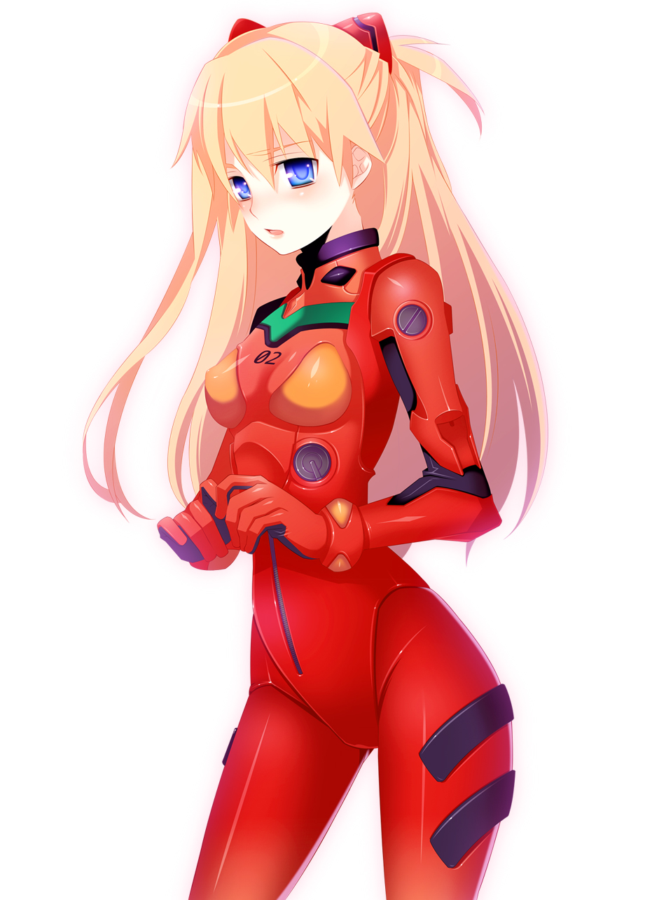 8055, souryuu asuka langley, neon genesis evangelion, highres, 1girl, :o, blonde hair, blue eyes, blush, bodysuit, bracer, breasts, contrapposto, covered erect nipples, cowboy shot, embarrassed, female focus, from side, gloves, hair between eyes, headgear, hip focus, legs apart, long hair, looking at viewer, mecha pilot suit, open mouth, own hands together, plugsuit (evangelion), shiny clothes, simple background, small breasts, solo, standing, straight hair, turtleneck, two side up, white background