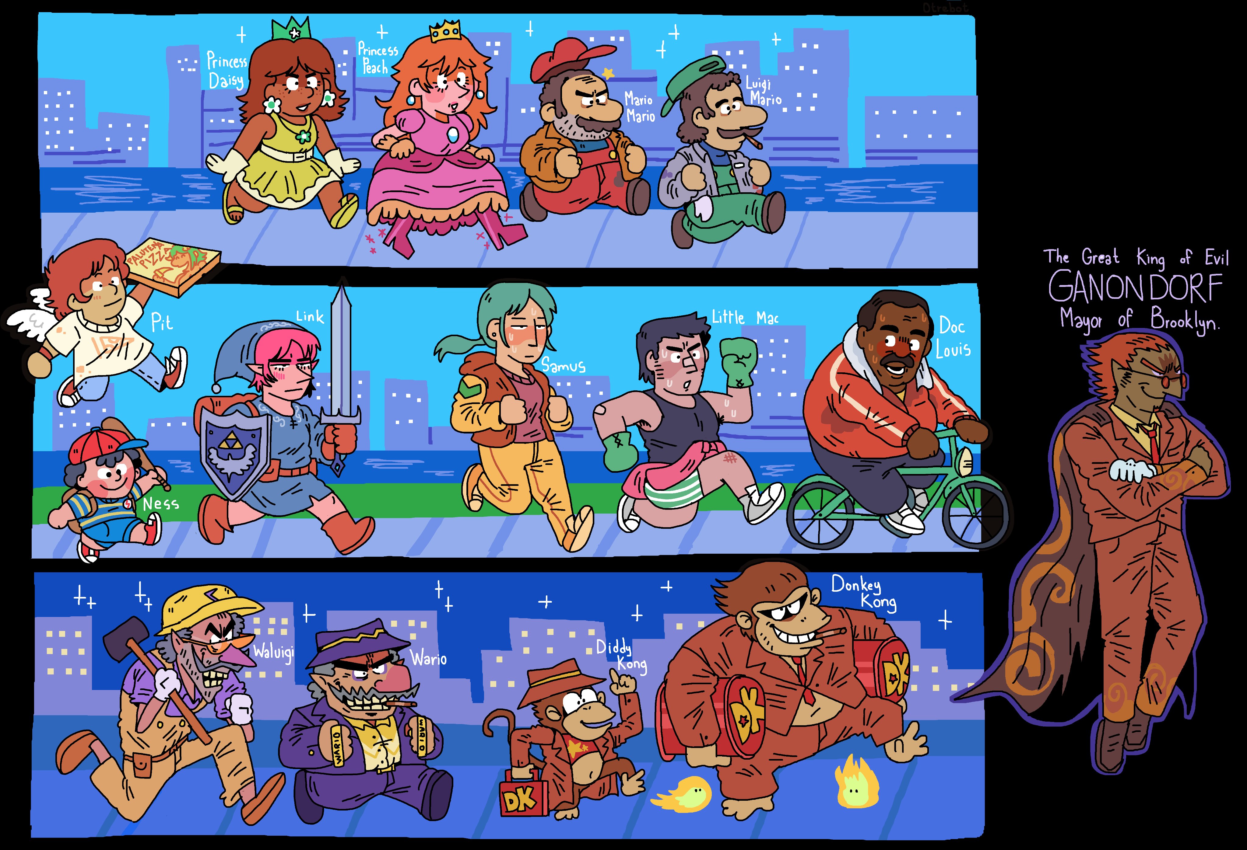 otrebot, diddy kong, doc louis, donkey kong, ganon, link, little mac, luigi, mario, ness (mother 2), pit (kid icarus), princess daisy, princess peach, samus aran, waluigi, wario, donkey kong (series), kid icarus, mario (series), metroid, mother (series), mother 2, nintendo, punch-out!!, the legend of zelda, absurdres, highres, 2others, 3girls, 4girls, 6+boys, :d, angel wings, arm cannon, backpack, backwards hat, bag, bandana, barrel, baseball bat, baseball cap, basketball uniform, beanie, beard, bicycle, big nose, black hair, blue hair, blue overalls, blue tank top, blush, boots, boxing gloves, brass knuckles, brown bag, brown hair, buck teeth, building, cane, cape, castle, city, cityscape, clenched hands, closed eyes, closed mouth, clown, coat, cosplay, crossed arms, crossover, crown, dark-skinned female, dark-skinned male, dark skin, dress, earrings, english text, facial hair, fingerless gloves, fire, flower earrings, flying, food, formal clothes, freckles, glasses, gloves, green gloves, green hair, green tunic, hammer, happy, hard hat, hat, helmet, holding, holding barrel, holding baseball bat, holding cane, holding food, holding map, holding pizza, holding shield, holding sword, holding weapon, holding whip, humanization, jacket, jewelry, jogging, jumpsuit, lava, left-handed, long hair, long nose, long sleeves, map, master sword, mini crown, multiple boys, multiple crossover, multiple girls, multiple others, mustache, necktie, new york city, open clothes, open mouth, orange hair, overalls, pants, pink dress, pink hair, pizza, pizza box, pointy ears, pointy nose, ponytail, purple shirt, pyrokinesis, racket, raincoat, red eyes, red gloves, red hair, red jacket, red suit, riding, riding bicycle, running, sharp teeth, shield, shirt, shoes, short hair, short sleeves, shorts, shoulder bag, skateboard, skyscraper, smile, sneakers, sparkle, spiked shell, sportswear, suit, sunglasses, super crown, suspenders, sweatpants, sword, tank top, teeth, tennis racket, thick eyebrows, thick lips, top hat, torch, triforce, tunic, v-shaped eyebrows, walking, weapon, white gloves, wings, yellow dress