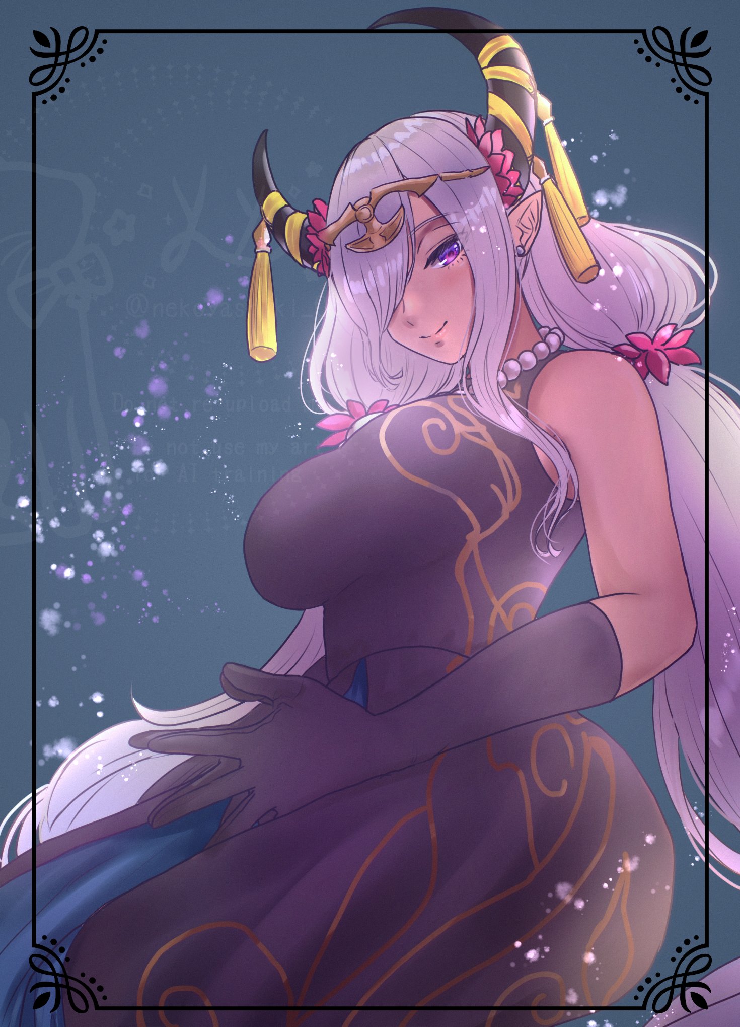 nekoyashiki 08, zelestia (fire emblem), fire emblem, fire emblem engage, nintendo, highres, 1girl, asymmetrical horns, bare shoulders, black dress, breasts, casual, dark-skinned female, dark skin, dragon girl, dress, elbow gloves, gloves, hair ornament, hair over one eye, horns, large breasts, long hair, mature female, official alternate costume, official alternate hairstyle, pointy ears, purple eyes, tassel, tassel hair ornament, uneven horns, very long hair, white hair