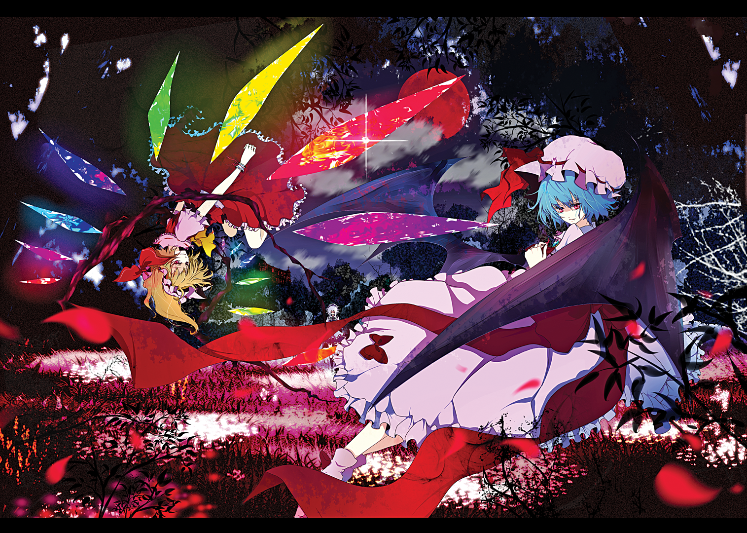 yume koucha, flandre scarlet, izayoi sakuya, remilia scarlet, touhou, silver hair, 2girls, bat wings, blonde hair, blue hair, female focus, hat, letterboxed, moon, multiple girls, petals, ponytail, red eyes, red moon, rose petals, short hair, siblings, side ponytail, sisters, wings