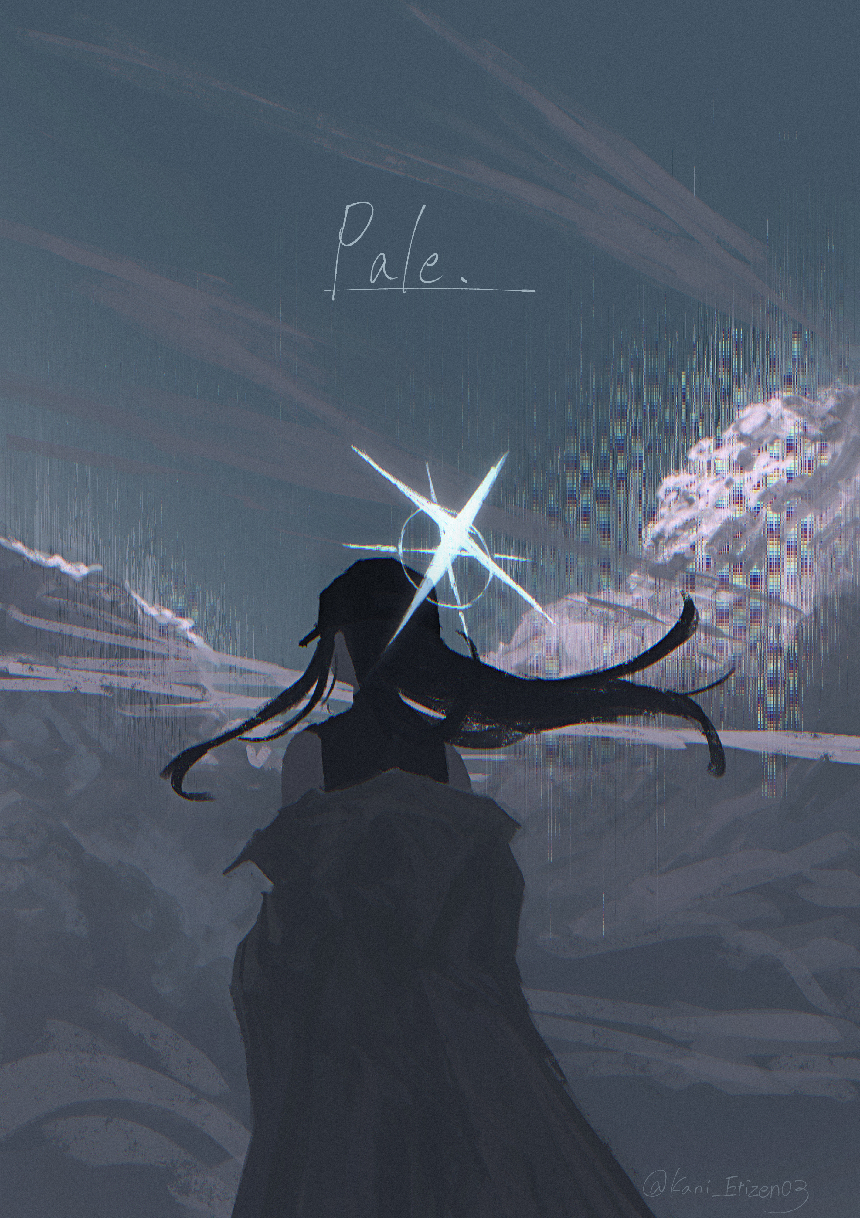 kani etizen03, saori (blue archive), blue archive, absurdres, commentary request, highres, 1girl, baseball cap, black hair, black shirt, blue sky, cloud, cloudy sky, coat, cumulonimbus cloud, english text, from behind, glitch, halo, hat, long hair, shirt, sky, solo, white coat, white halo