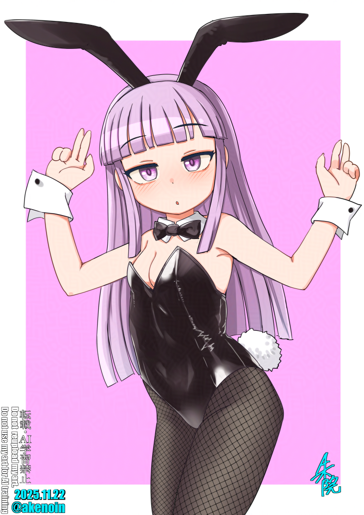 akenoin soumon, original, 1girl, animal ear hairband, animal ears, armpits, black bow, black bowtie, black leotard, black pantyhose, blunt bangs, bow, bowtie, breasts, covered navel, detached collar, fake animal ears, fishnet pantyhose, fishnets, hairband, leotard, long hair, pantyhose, playboy bunny, purple eyes, purple hair, rabbit ears, rabbit tail, small breasts, solo, strapless, strapless leotard, tail, wrist cuffs