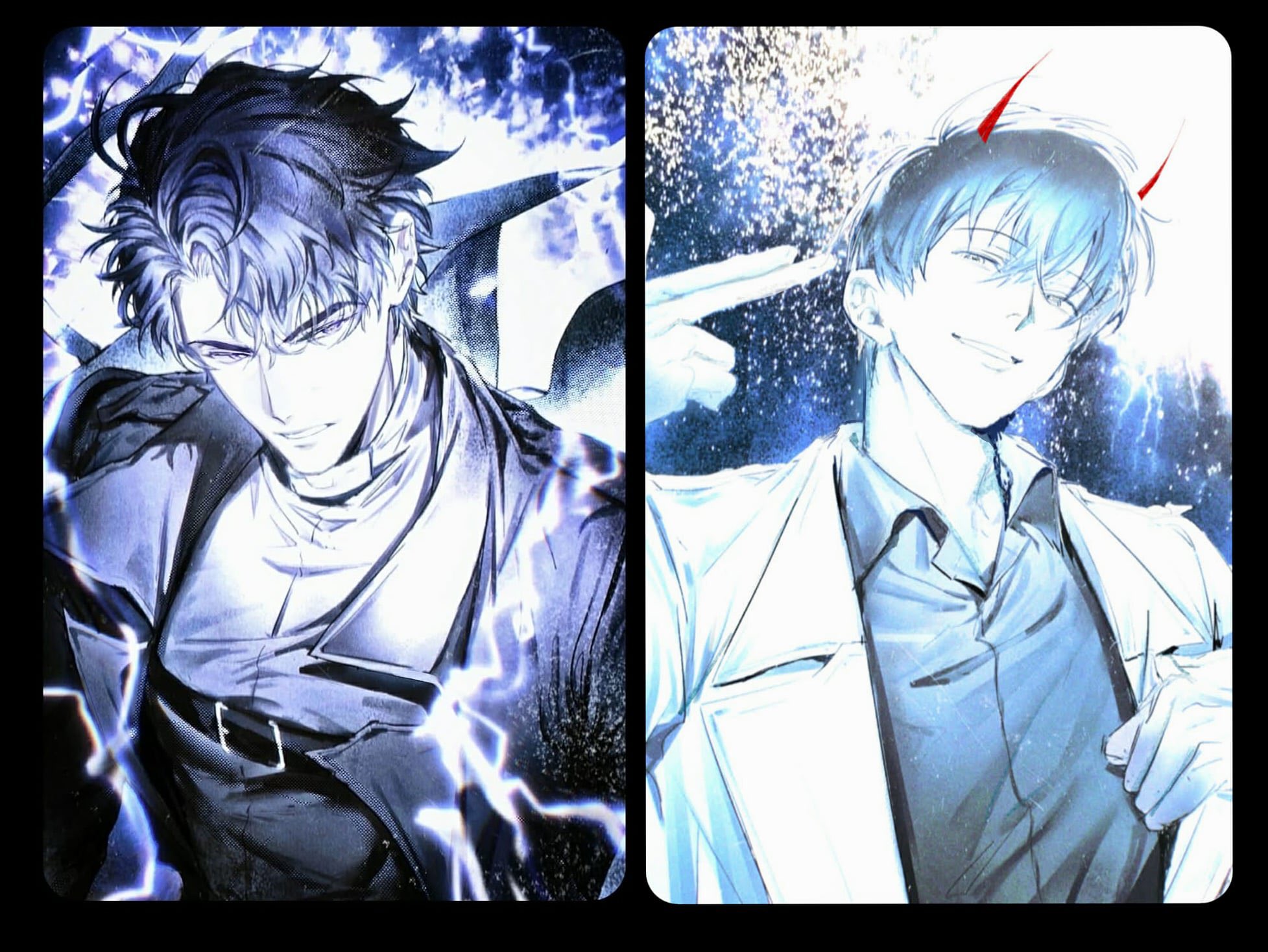 toupou39, kim dokja, yoo joonghyuk, omniscient reader's viewpoint, commentary, english commentary, highres, symbol-only commentary, 2boys, black coat, black hair, black shirt, camera flash, coat, collared shirt, crossed bangs, curtained hair, demon horns, double-parted bangs, finger gun, finger gun to head, glaring, grin, hair between eyes, hand up, head tilt, high collar, horns, lightning, looking at viewer, male focus, multiple boys, narrowed eyes, open clothes, open coat, serious, shirt, short hair, smile, upper body, white coat