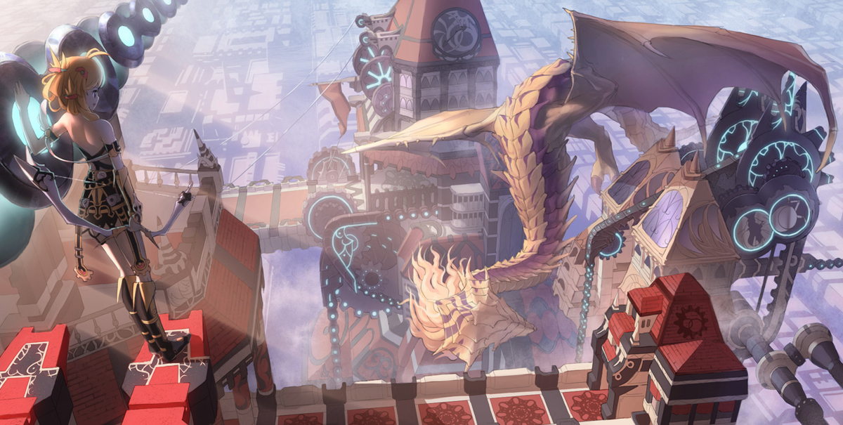 ddal, original, bad id, bad pixiv id, armor, bare shoulders, blonde hair, bow (weapon), city, cityscape, dragon, greaves, hair ornament, hairclip, long hair, scenery, weapon